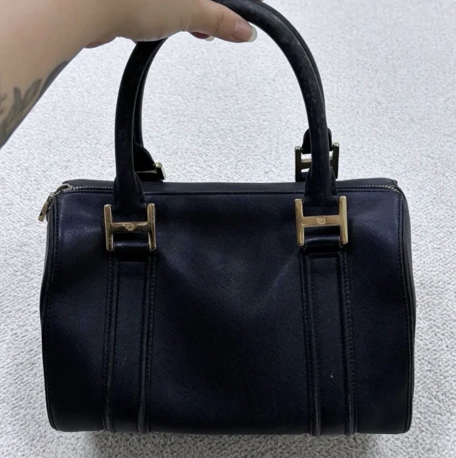 AUTHENTIC MCM Small Boston Bag Black Leather