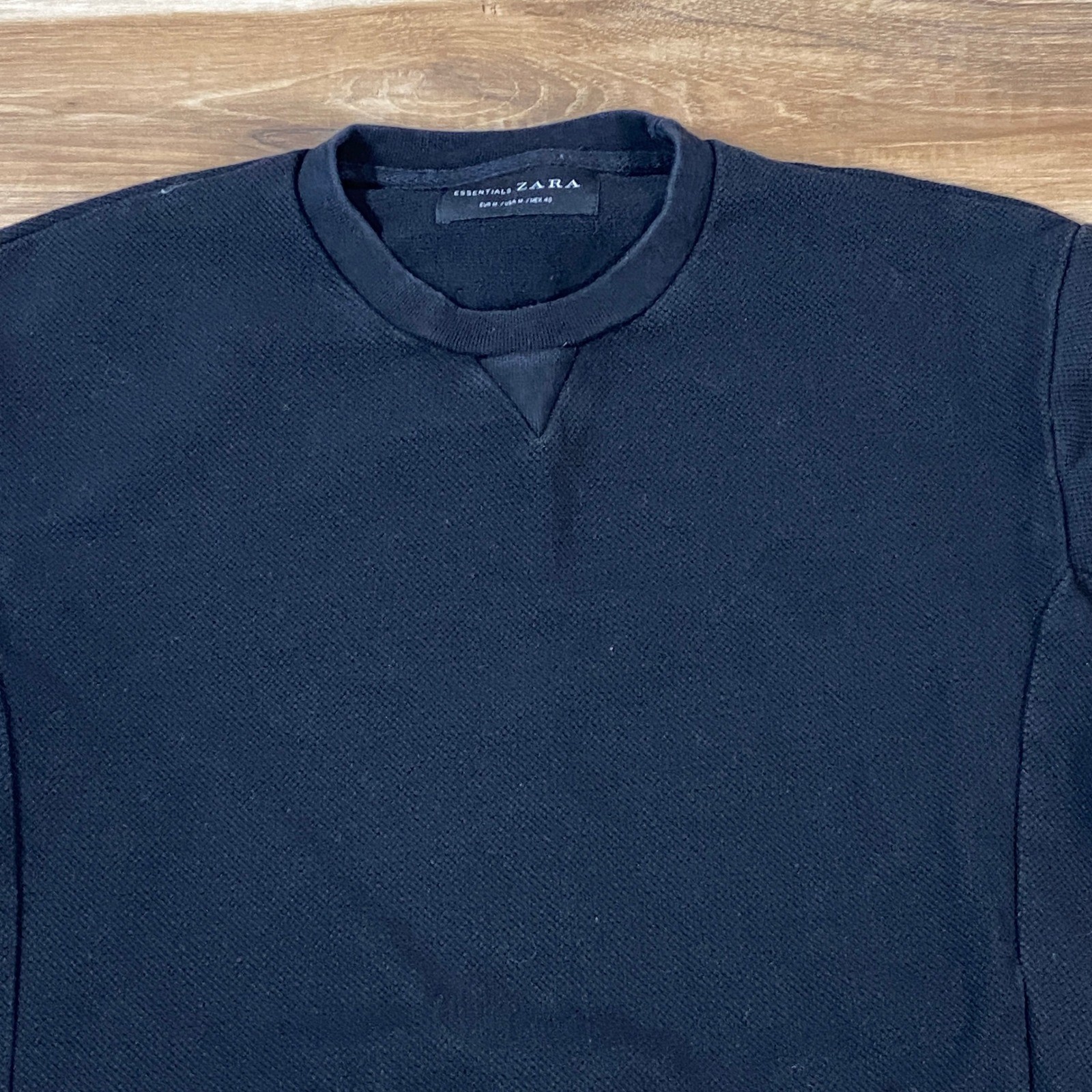 Zara Sweatshirt Mens M Waffle Knit Crewneck Black Modern Casual Essentials