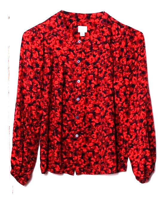 A NEW DAY TUNIC BLOUSE ladies size S red blue purple floral long sleeve silky
