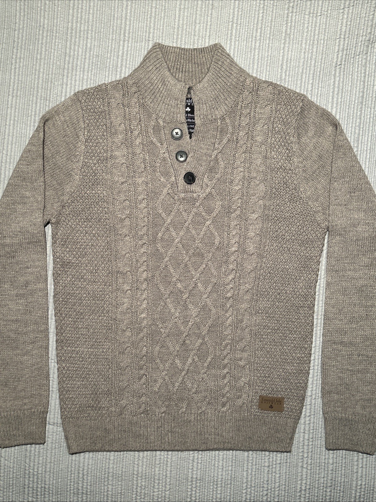 Emerald Isle Knitwear Sweater Mens Med 3 Button Grey Wool Blend Fisherman