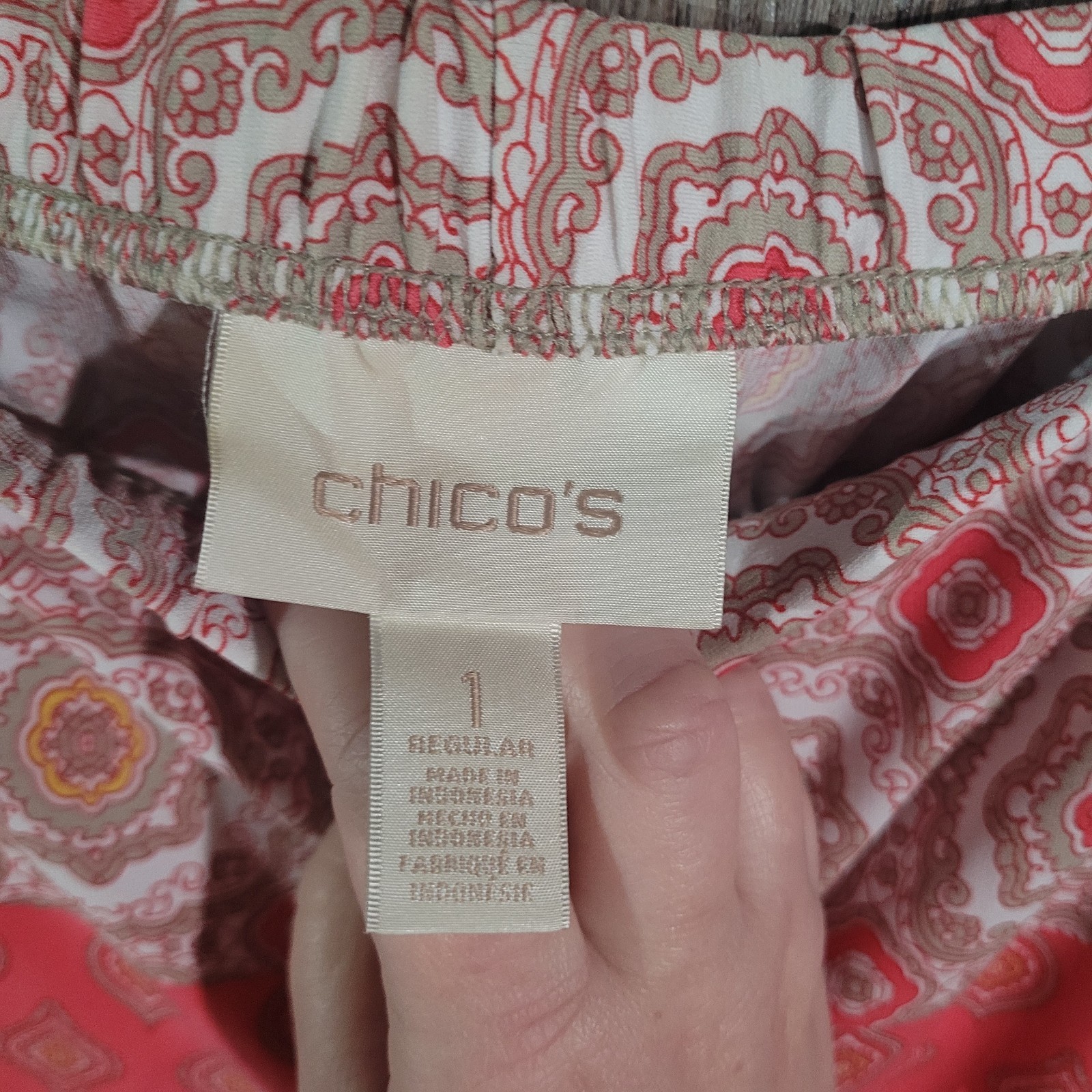 Chico’s Cala d’Or Pull On Palazzo Pants Size 1/M Pink Boho Geometric Wide Leg