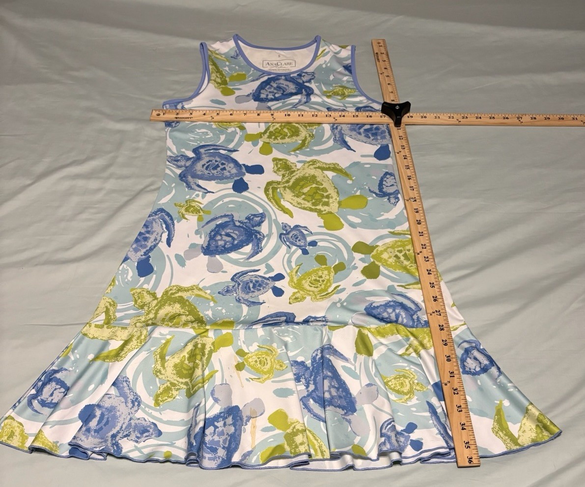 Ana Clare Active Sz Small Mini Ruffle Dress Sea Turtle Blue Green Sleeveless(A23