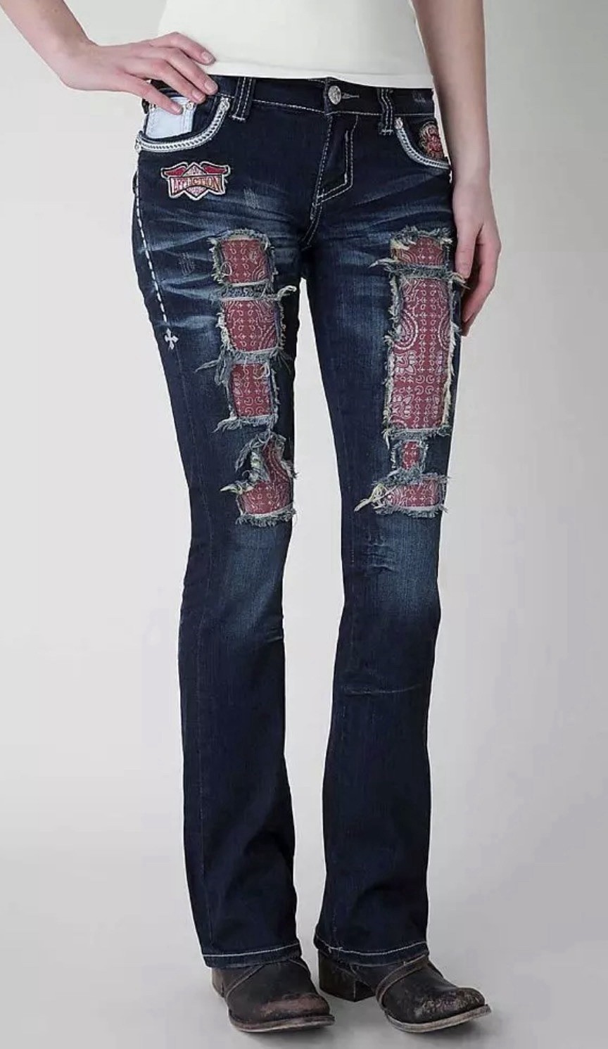 Affliction Jade Embellished Handkerchief Patchwork Jeans Size 27 Mcbling Low Cut