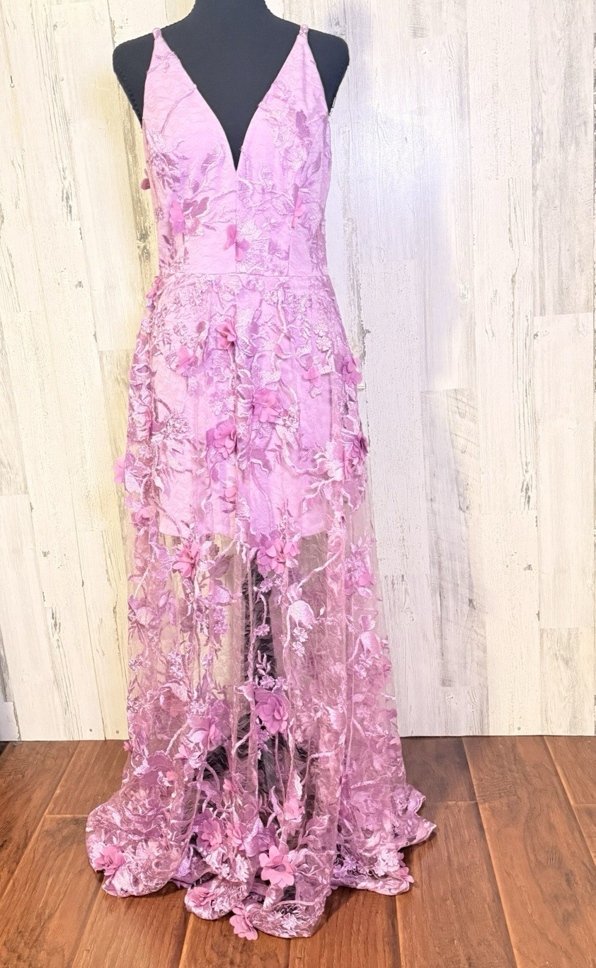 Dress The Population Lavender 3D Floral Lace V-Neck Strappy Long Gown M