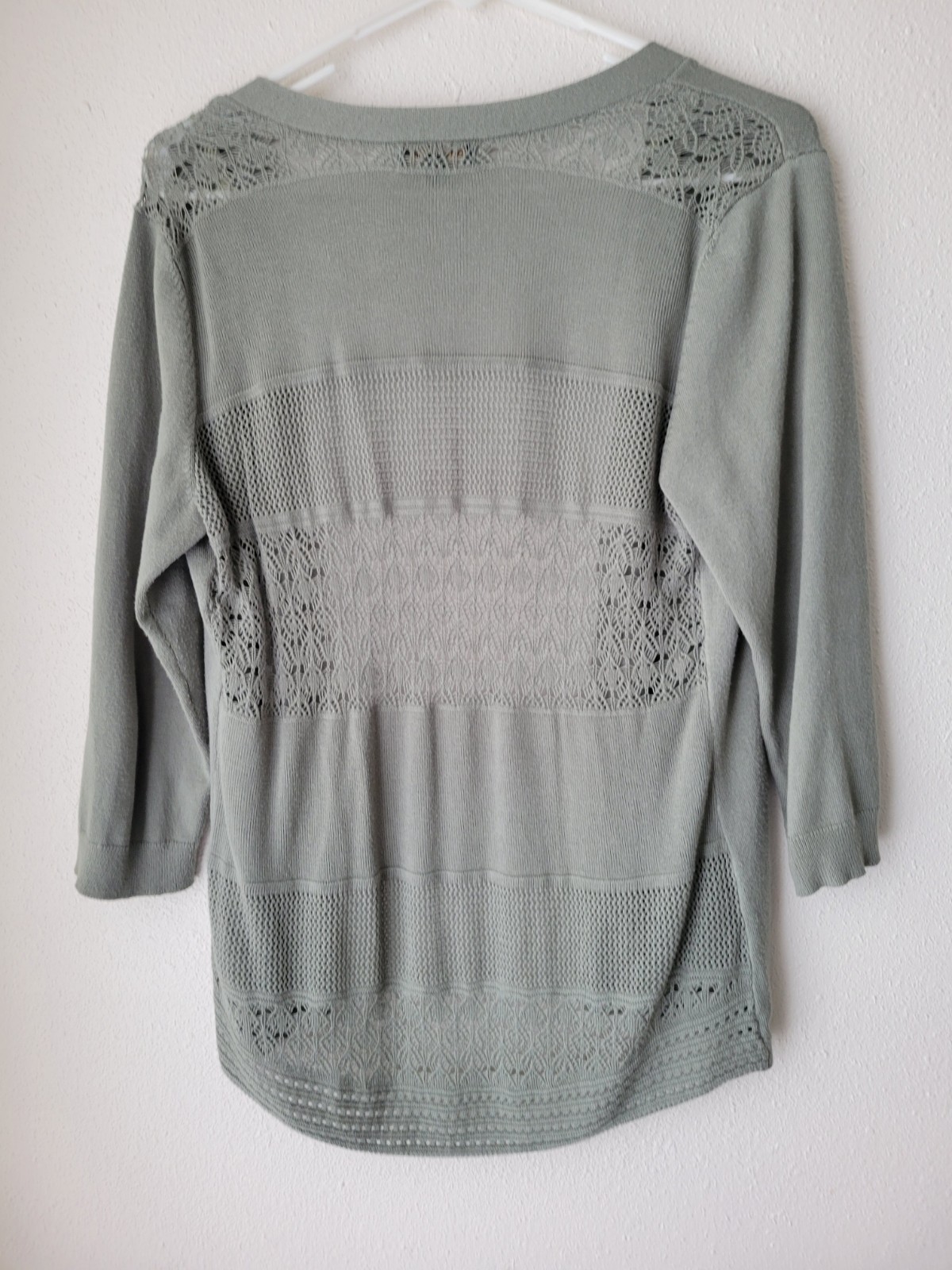 Lety & Me Open Front Lace Cardigan Sage Green Lace Knit 3/4 Sleeve Womens Small