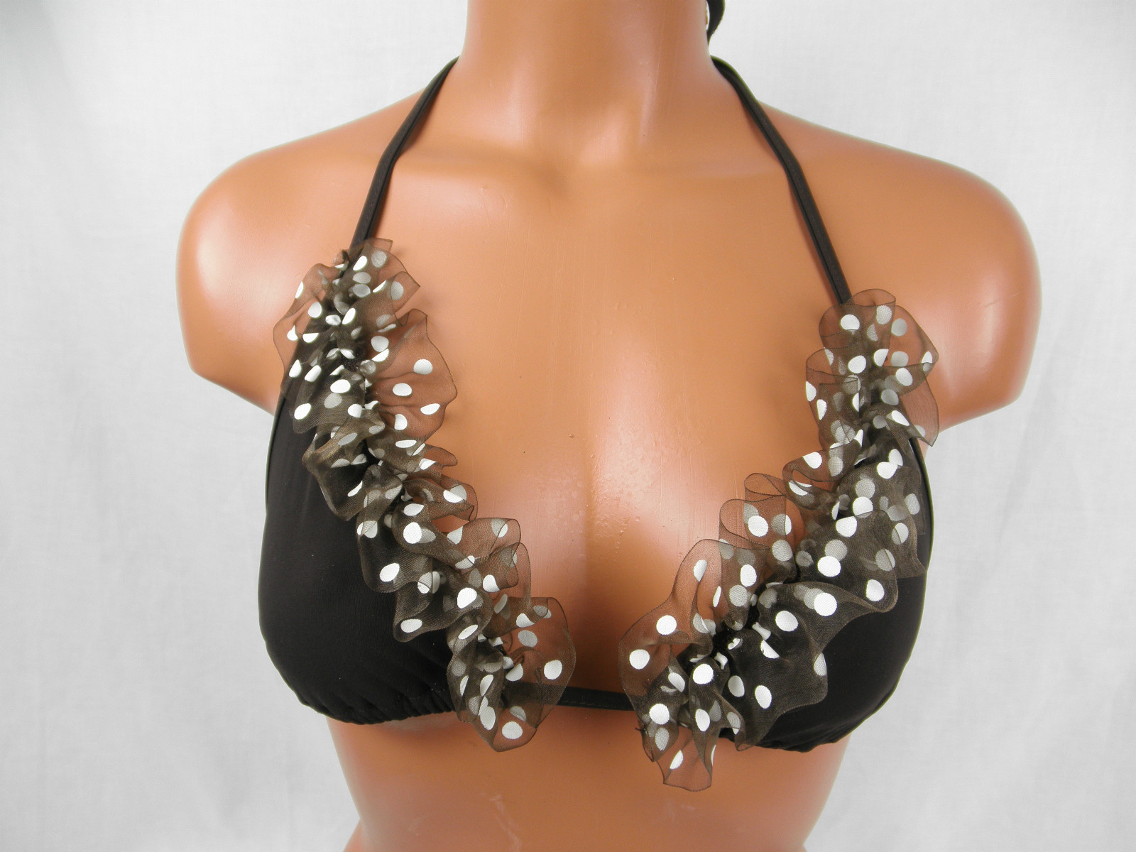 Sauvage Brown Ruffle Polka Dot String Bikini Top Small #4347L