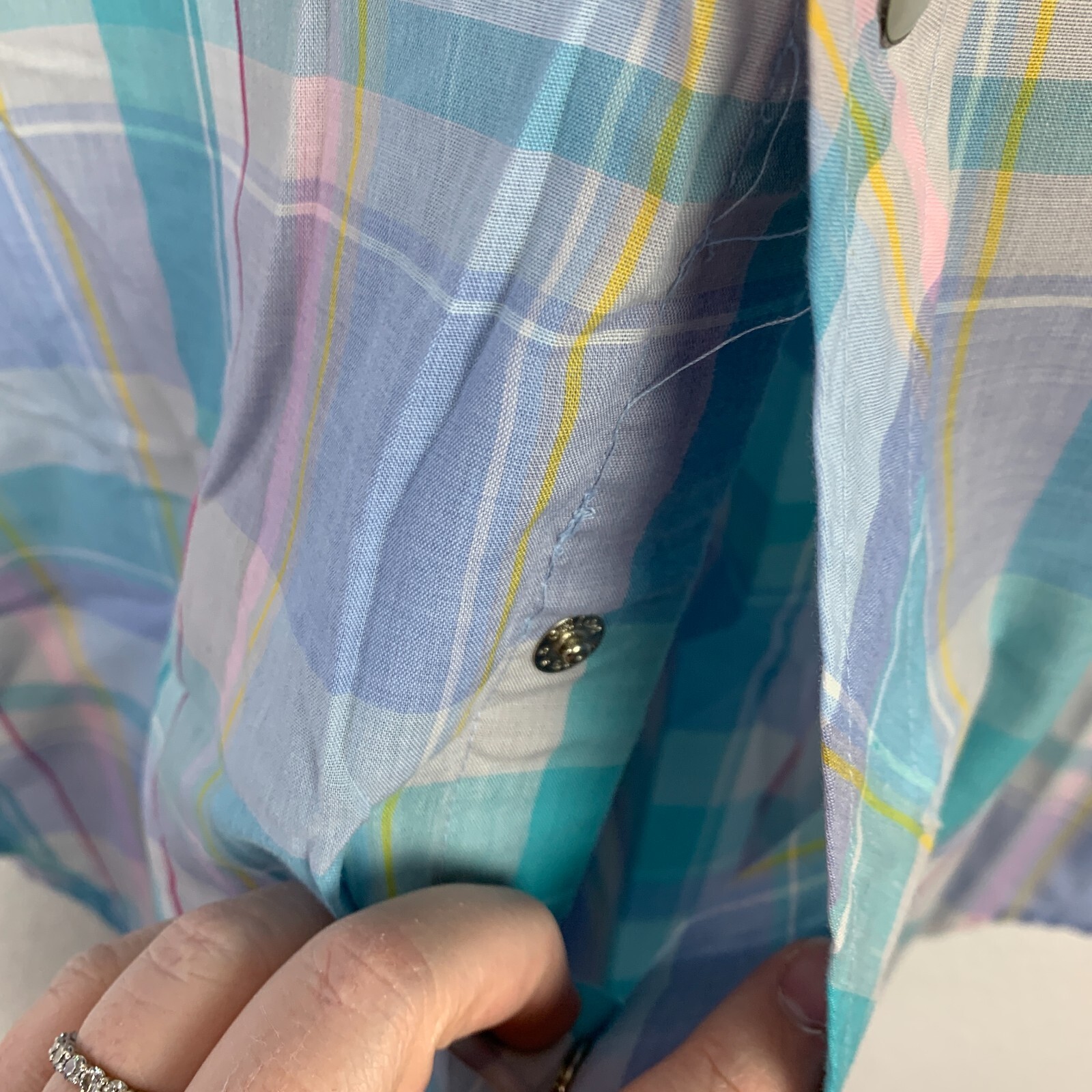 Vintage 80s Plainsman Blue Purple Plaid Western Pearl Snap Short Sleeve Shirt L