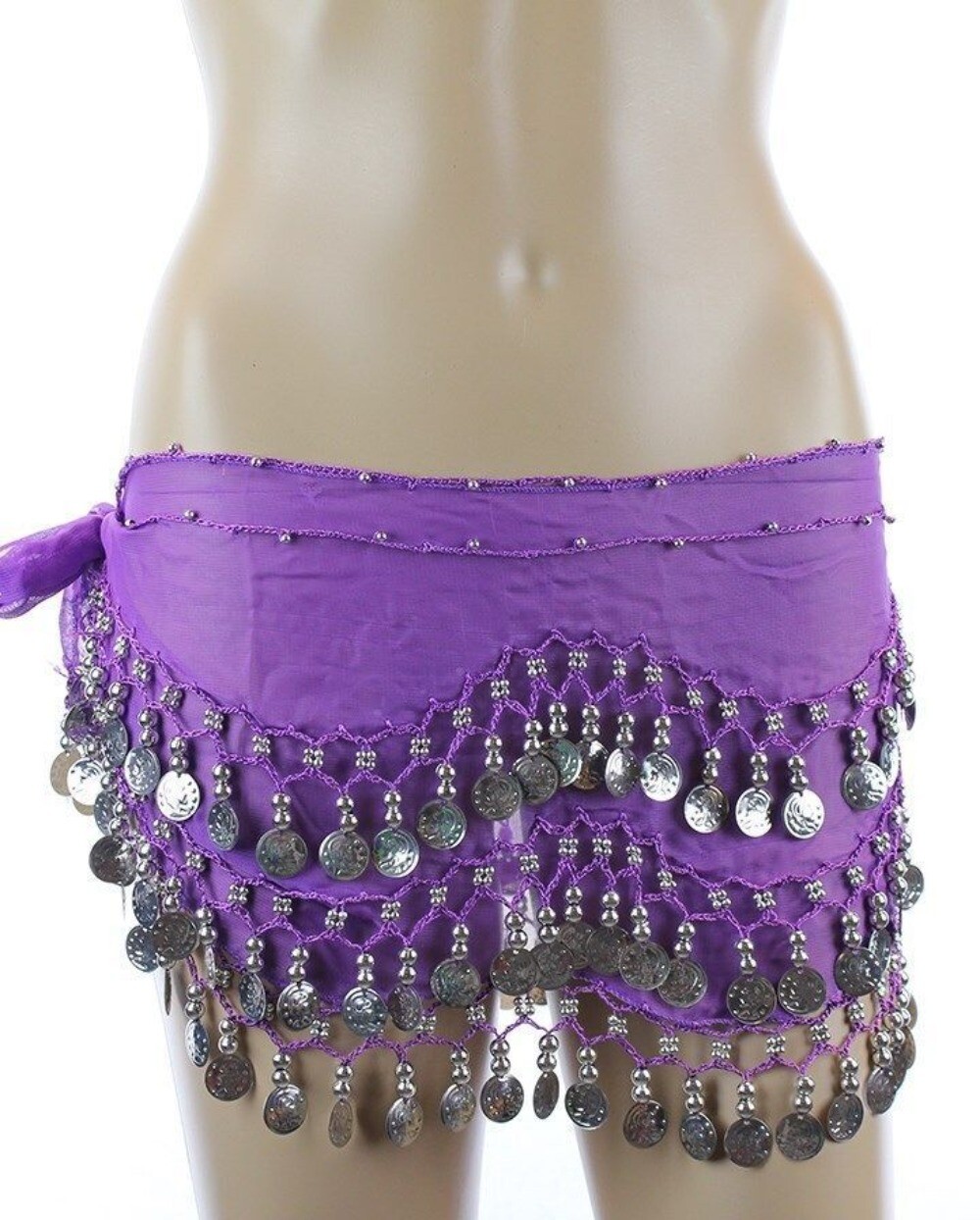 Dark Purple Belly Dance Hip Skirt Scarf Wrap Belt with 3 Rows Silver Coins US