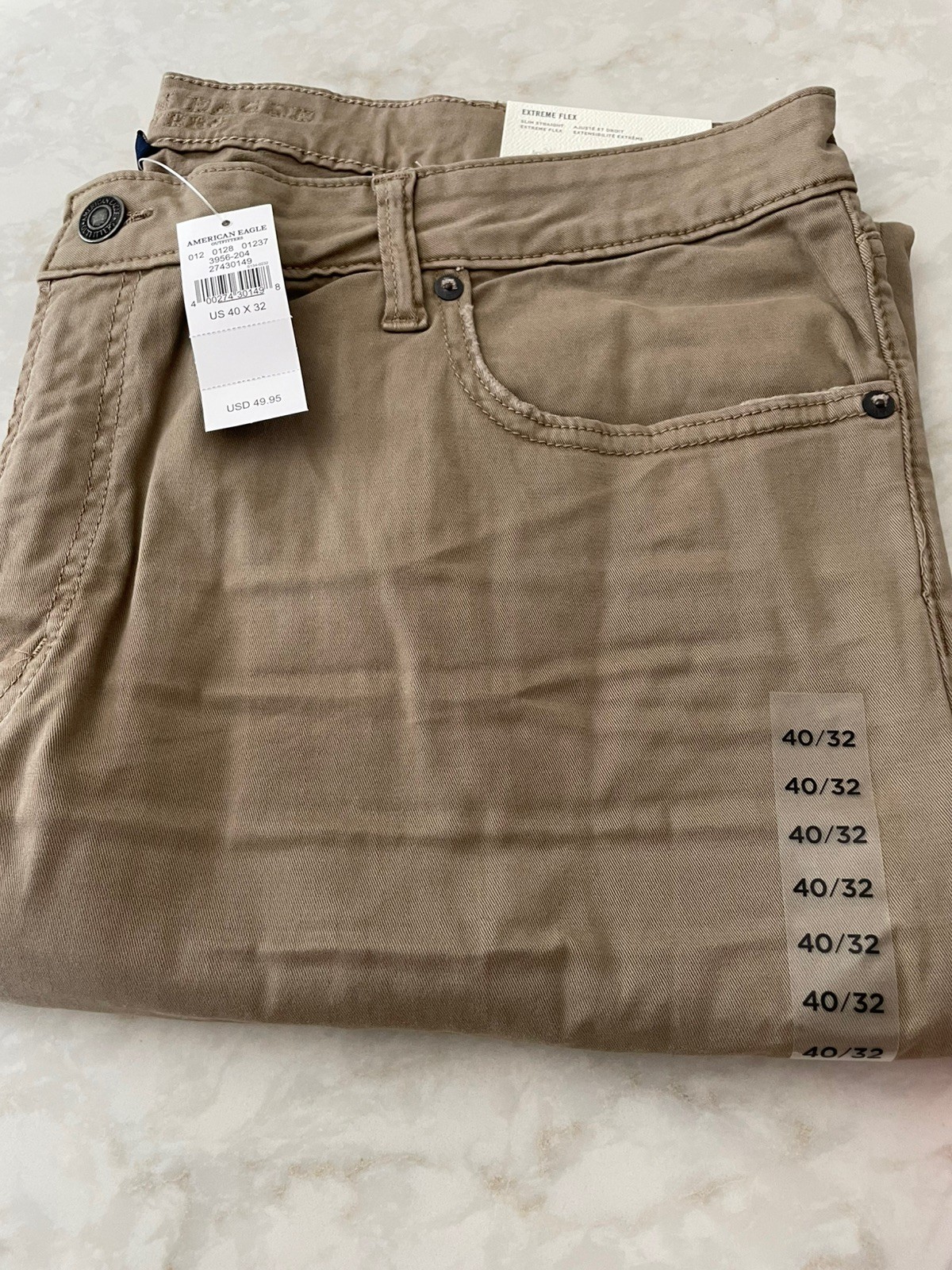 NWT American Eagle Men’s Slim Straight khaki Jean 40×32 extreme flex tan jeans