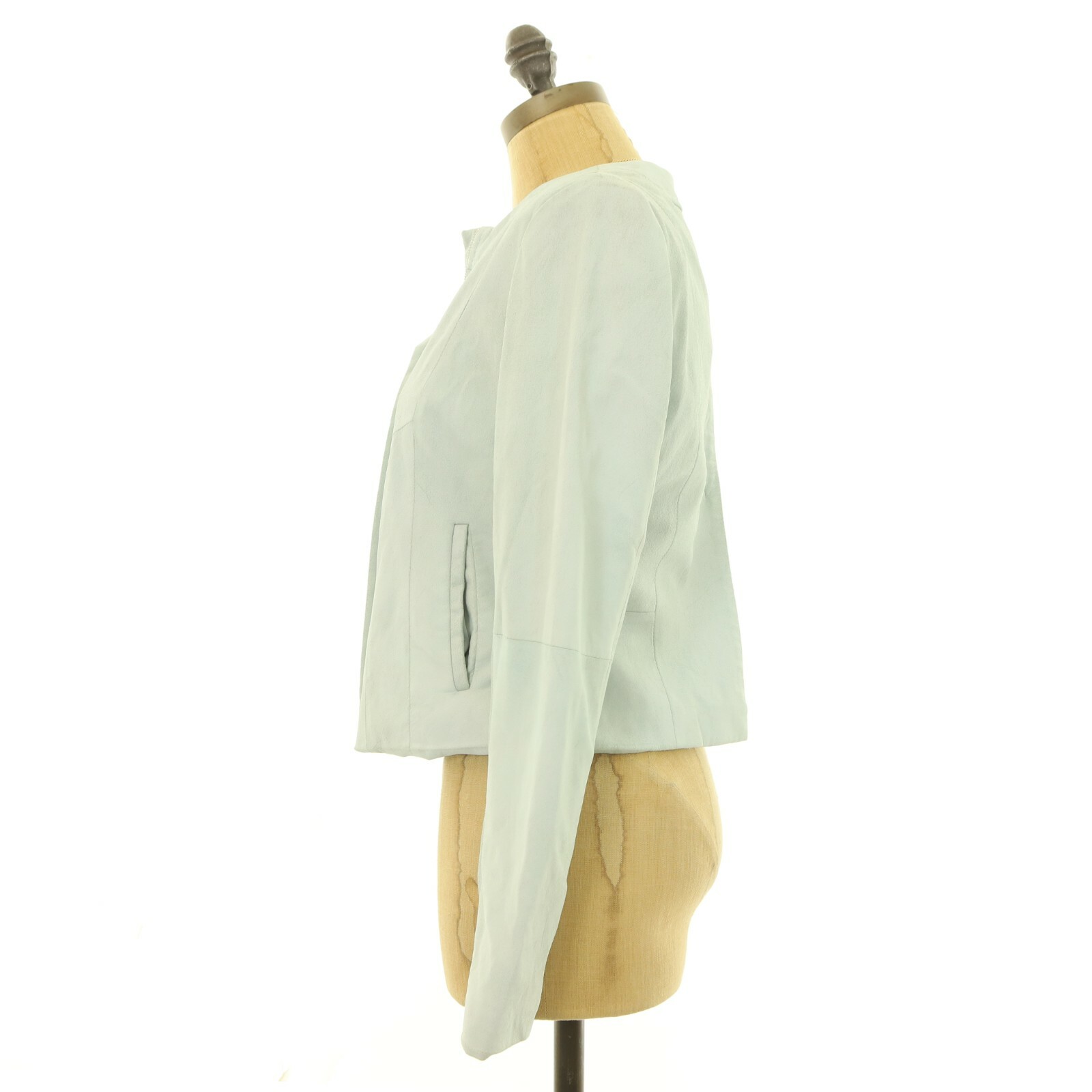 T Tahari Paperweight Lamb Leather Jacket PP Ice Blue Petite Collarless B63