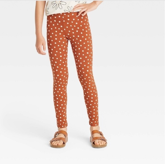 2 NWT Cat & Jack Girls Leggings Full Waistband Elastic Orange Polka Dot Med 7/8