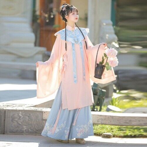 Chinese Style Ming Dynasty Cloud Shoulder Stand Collar Long Shirt Pleated Dress