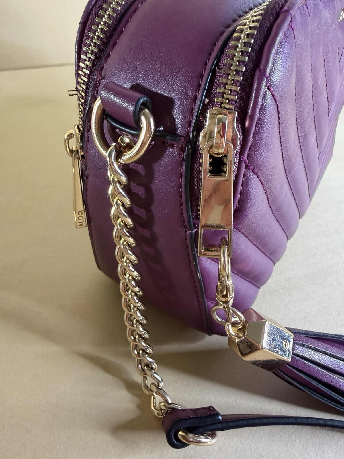 ALDO Purple Quilted Crossbody Bag Double Zip Tassel Gold Tone Hardware
