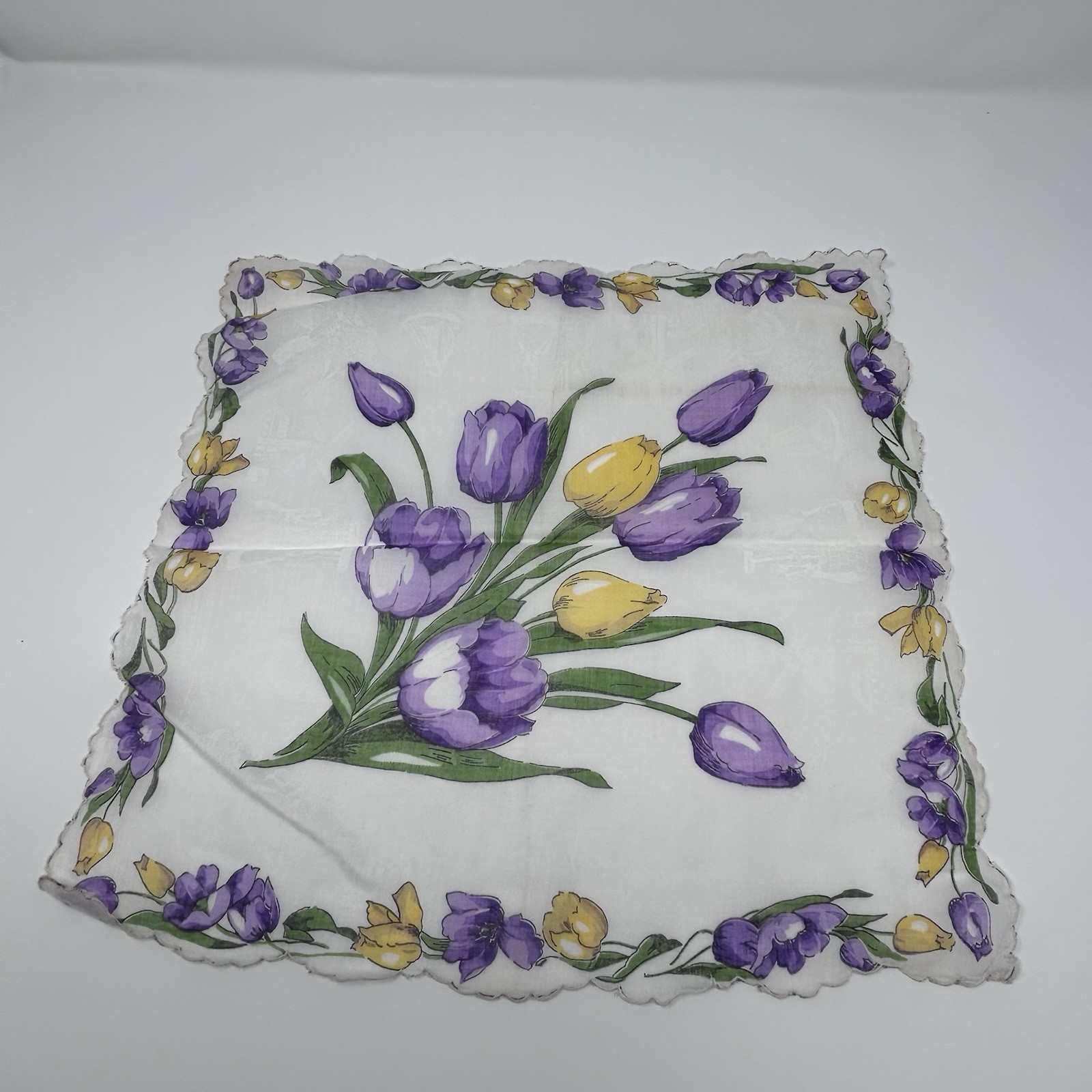 Vintage 1950s Purple Yellow Tulips Handkerchief Dutch Windmill Ship 12.75″