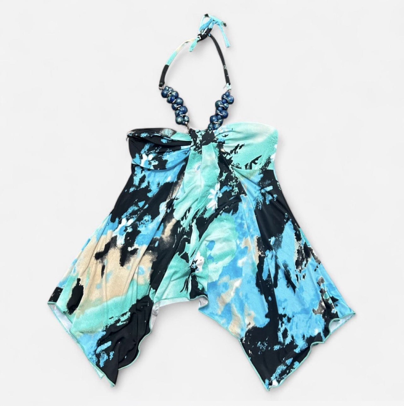 Beaded Floaty, Y2K Blue Floral Waterfall Tank Top Halter Top Shirt