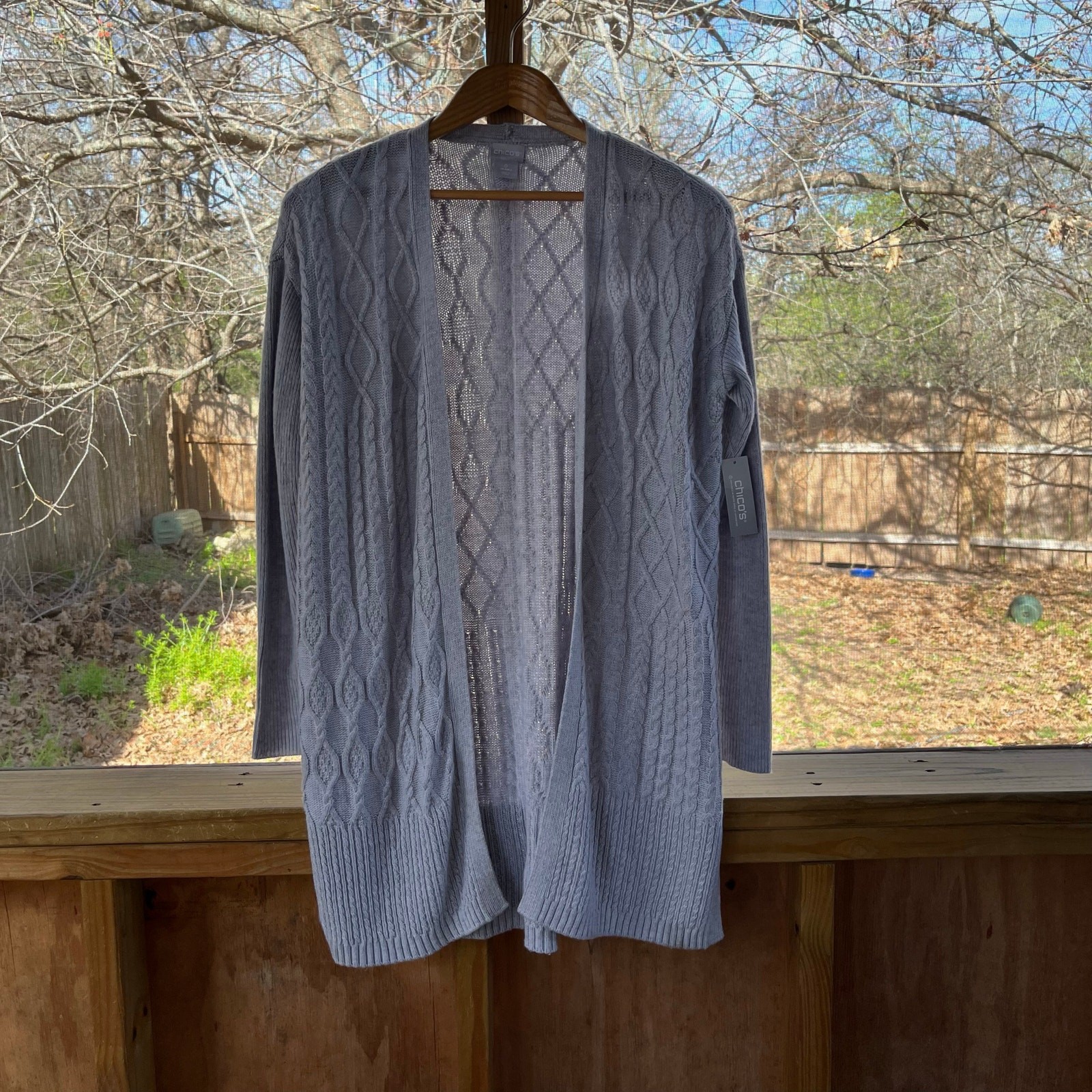 Chico’s Women’s Cable Stitch Cardigan Sweater Frosted Gray Size 0 (S). NEW