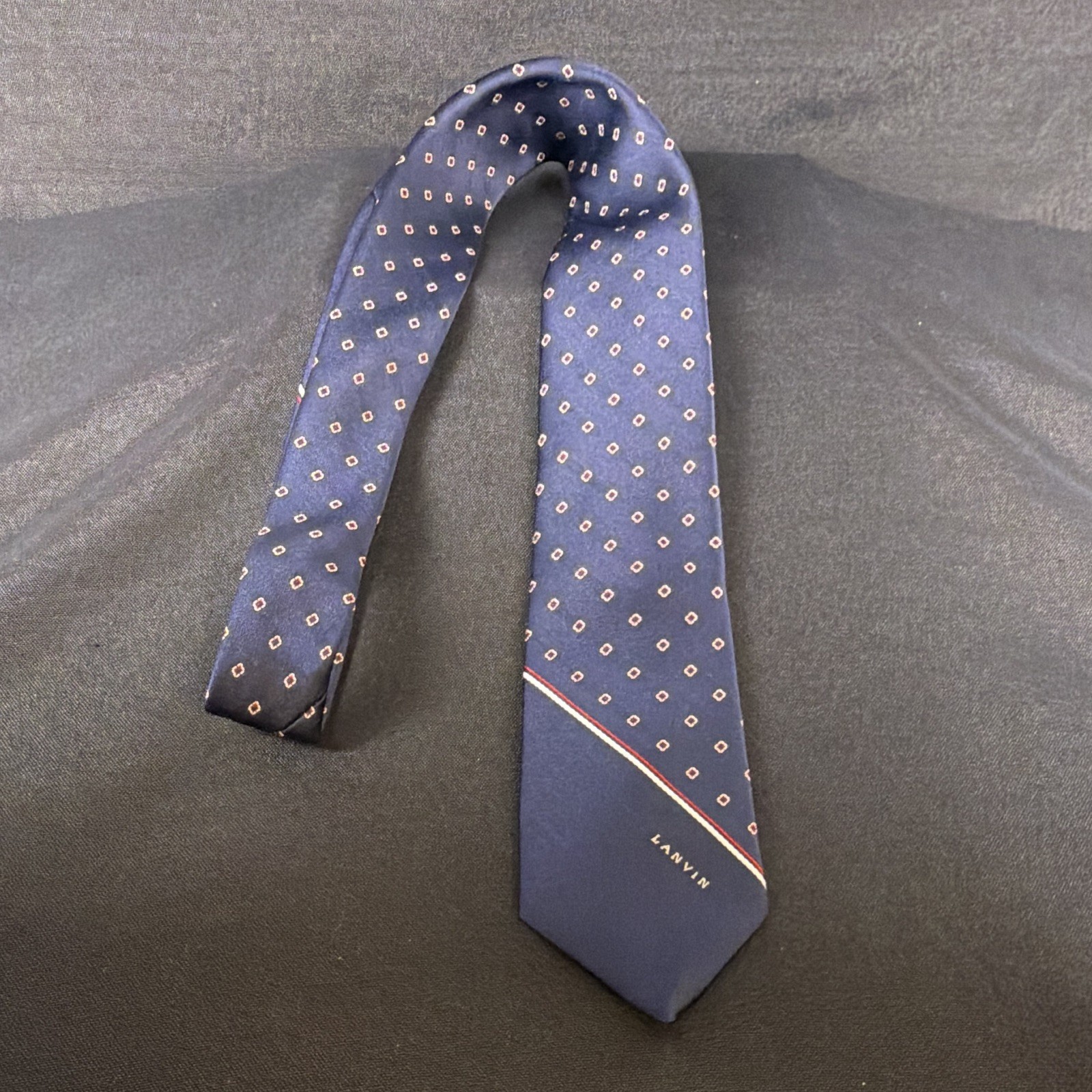 Vintage Lanvin New York Paris Silk Tie Foulard Navy Blue Geometric Logo 58×3 1/8