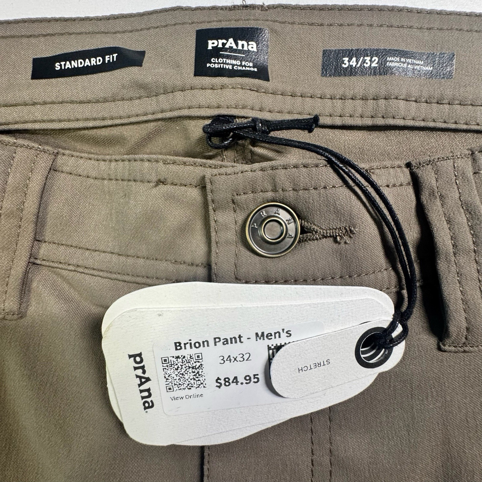 Prana Brion Pant Men’s 34 X 32 In Mud Straight Leg Stretch