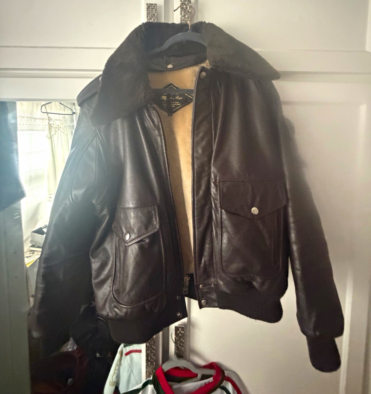 Fly ‘N Ace Men’s Brown Leather Bomber Jacket Shearling Lined Zip Size 44