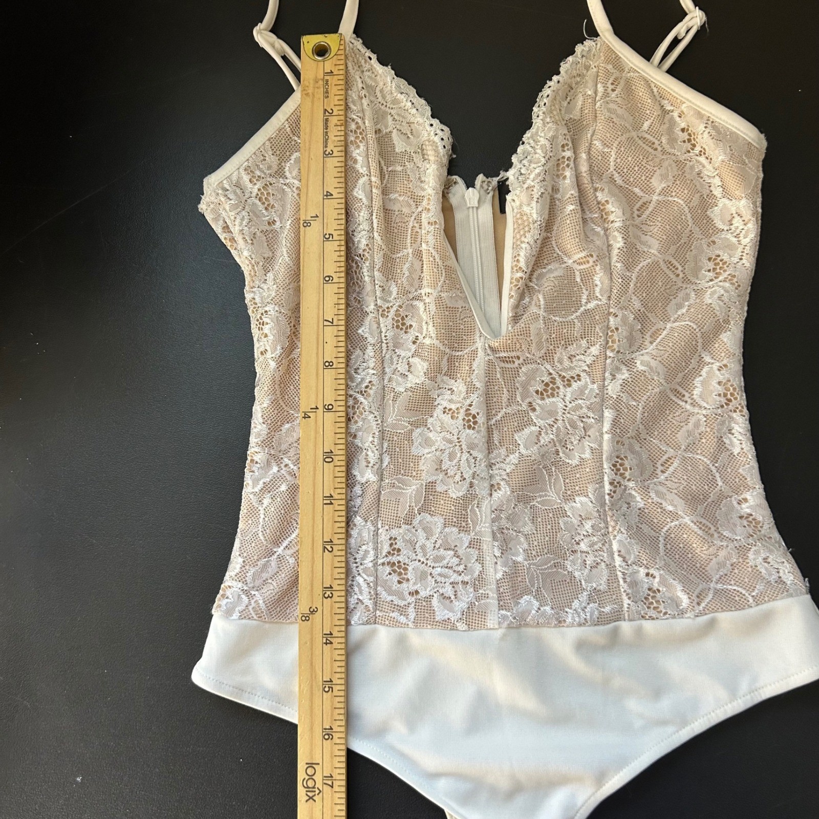 Lulus White Floral Lace Deep V-Neck Bodysuit Small Adjustable Straps Nude Lining