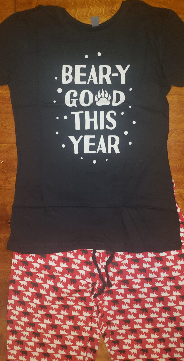 Women’s Instant Message Beary Good This Year 2 Pc Short Sleeve Pajama Set Sz S/M