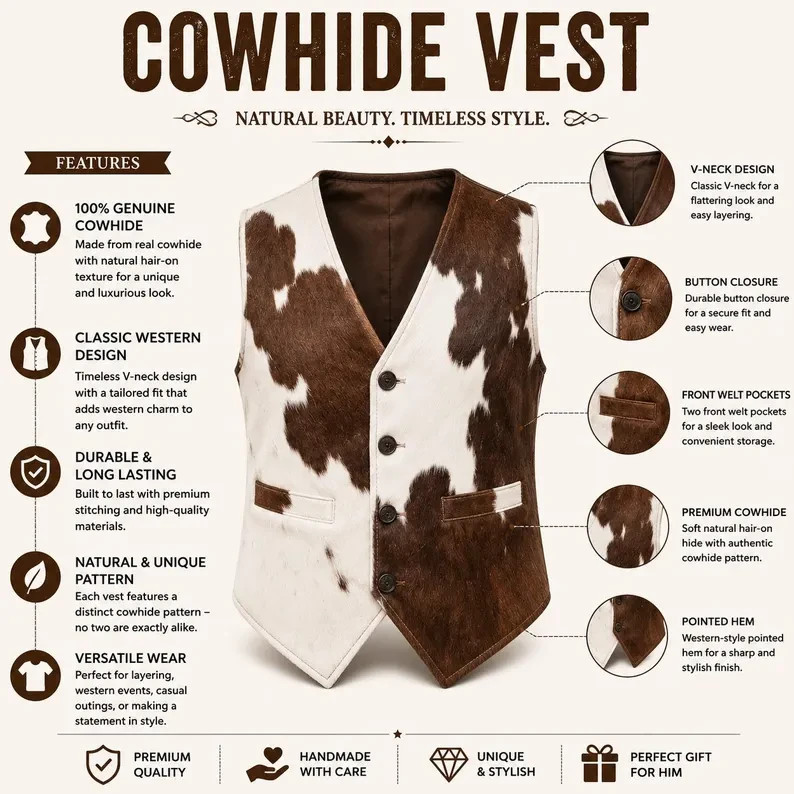 Brown White Hair-On Cowhide Vest Women Western Belted Waistcoat Handmade Baho