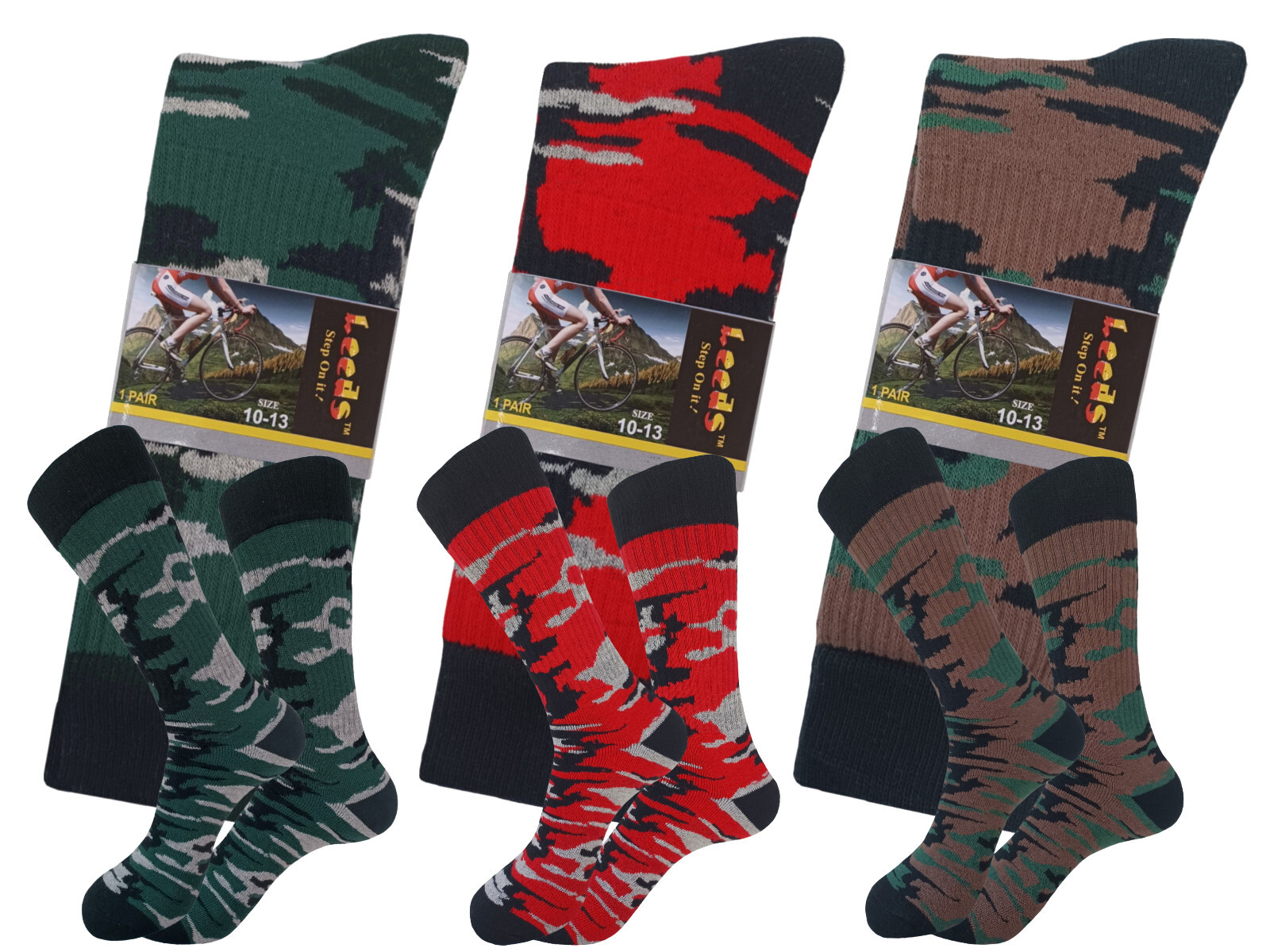 3 PAIR COTTON CAMO CREW ARMY HIKING SOCKS SIZE 10-13 TRUE TO SIZE FULL CUSHION