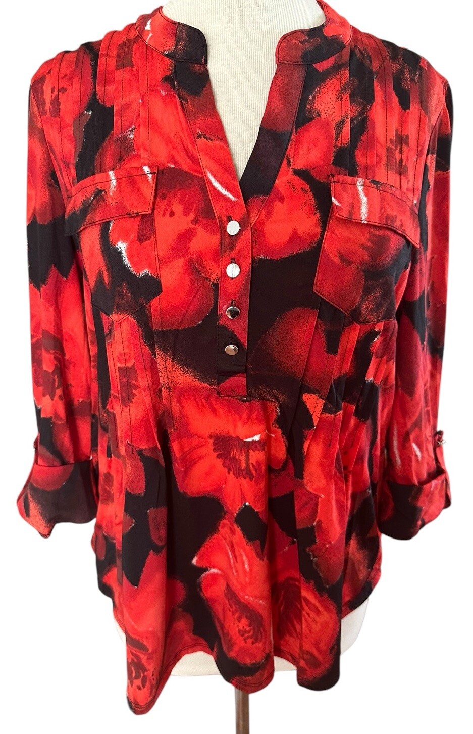 COCOMO XL Orange Red Black 3/4 sleeve women’s Pintuck Blouse Tunic shirt