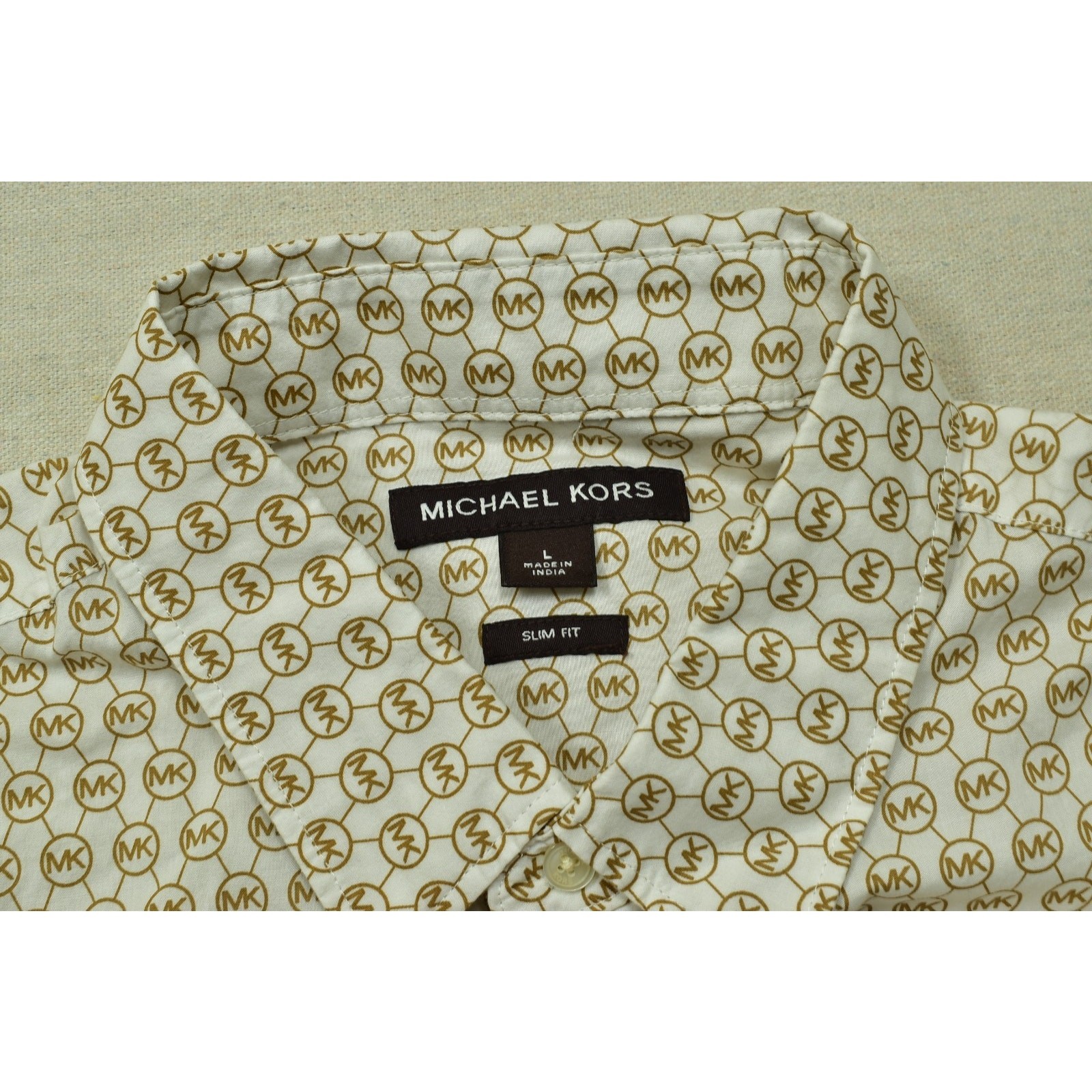 Michael Kors Mens Large Slim Fit Button Down Shirt White Brown MK Monogram Logo