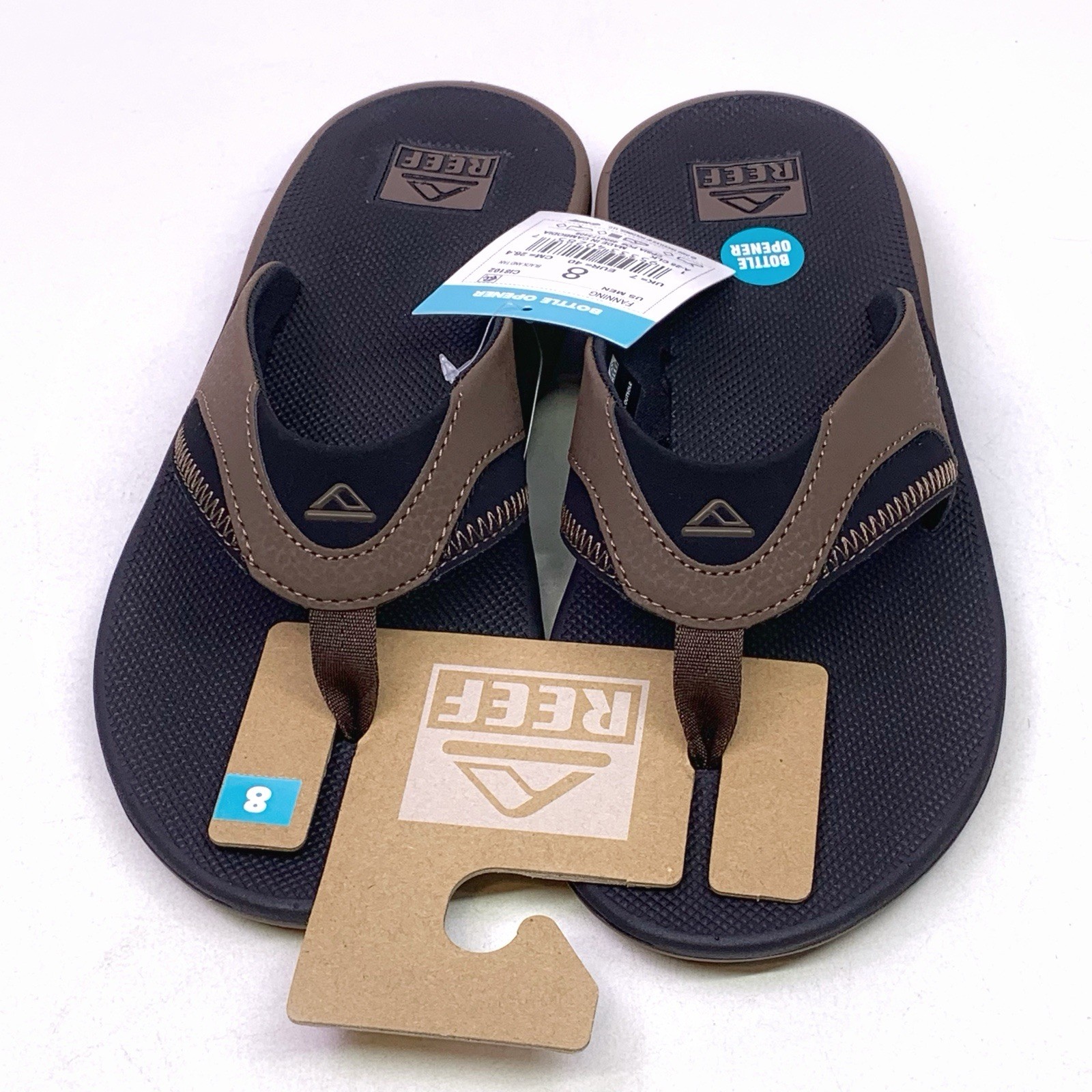 REEF Fanning Flip-Flop Sandals & Sole Bottle Opener Black/Tan Men’s Size 8 NEW