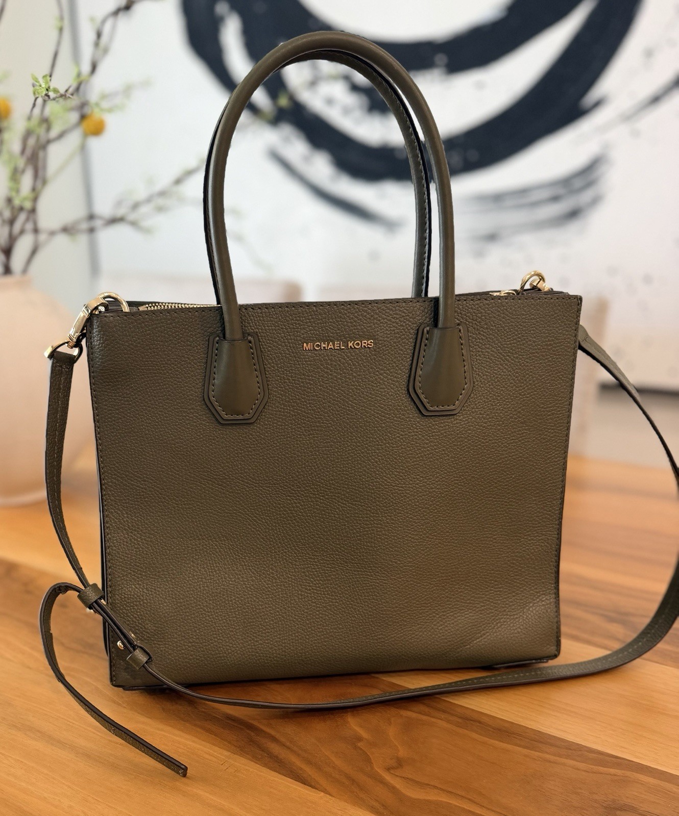 Michael Kors Green Medium Pebbled Satchel Zip Detachable Strap Gold Hardware