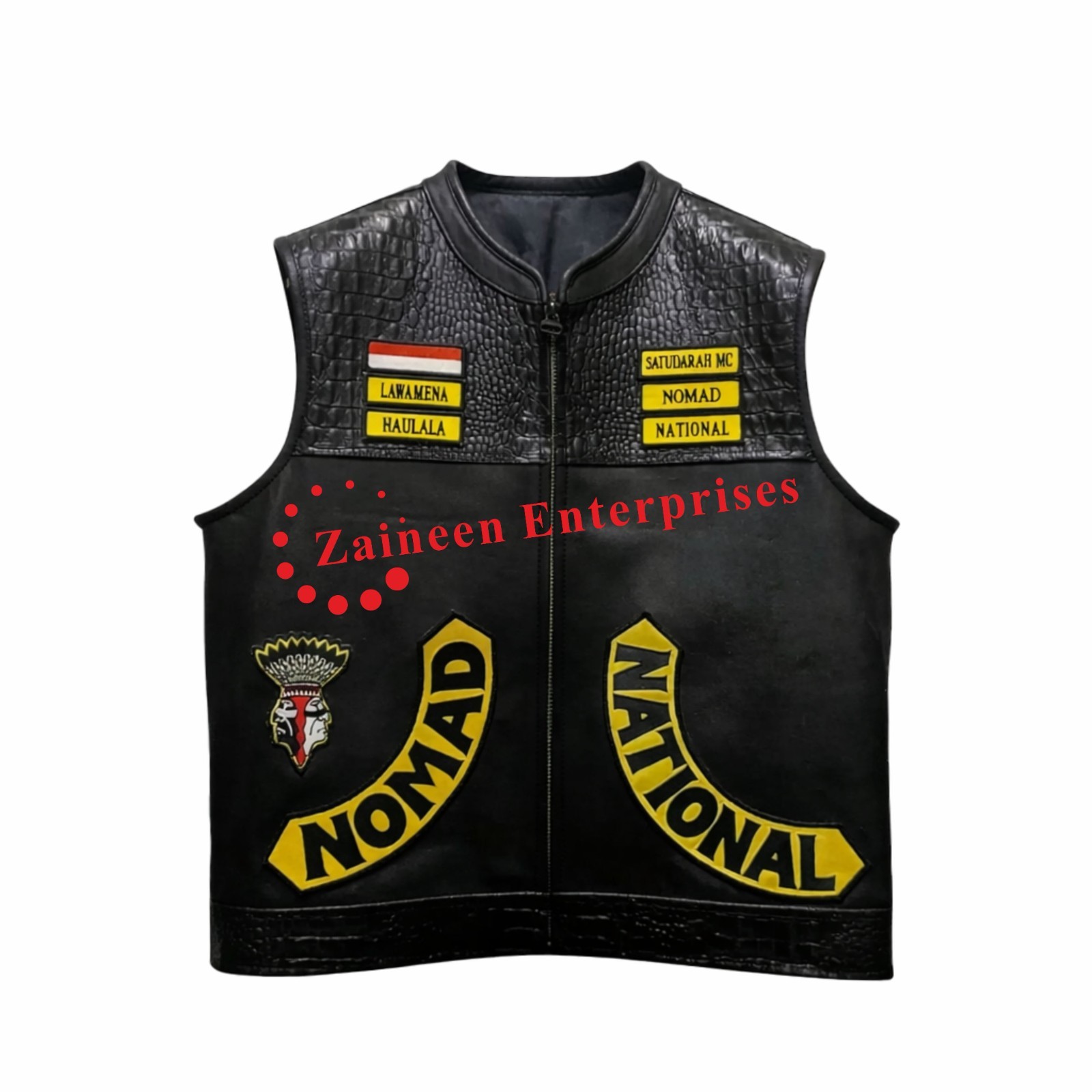 Men’s Black Leather Motorcycle Club Vest – Embossed MC Biker Waistcoat