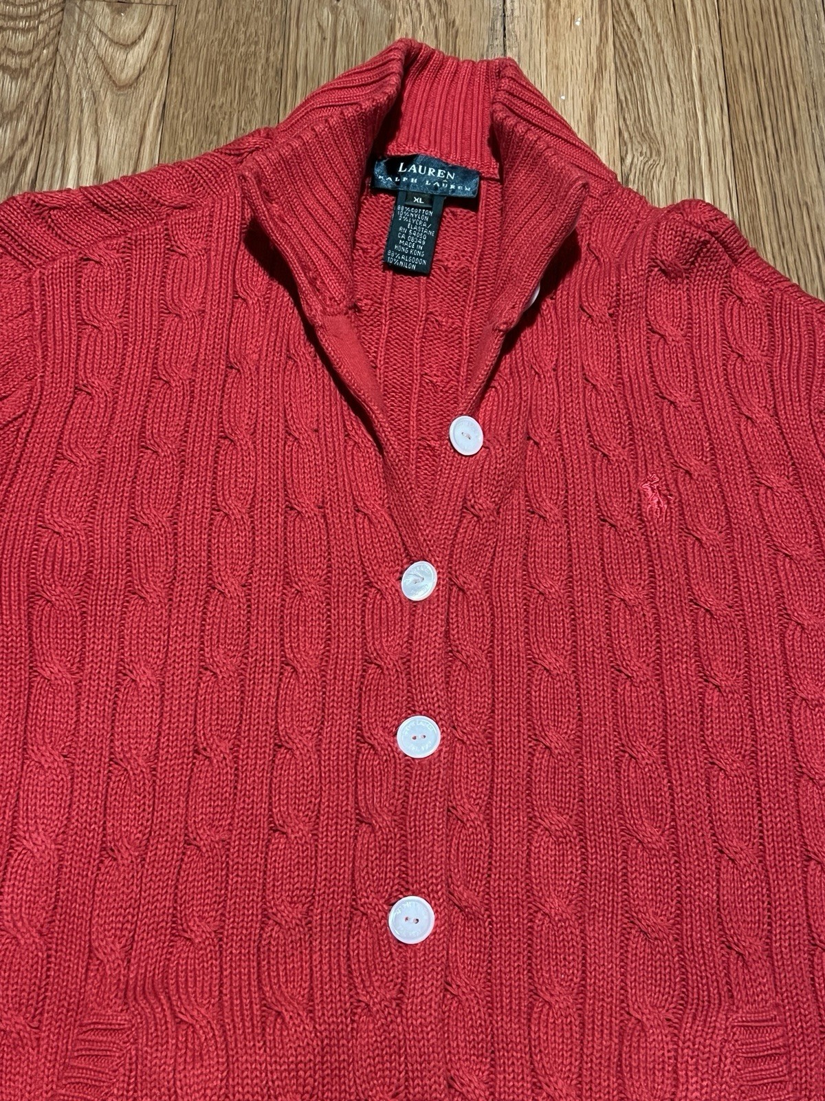 Lauren Ralph Lauren Red Cable Knit Mock Neck Cardigan Sweater XL Preppy Cottage