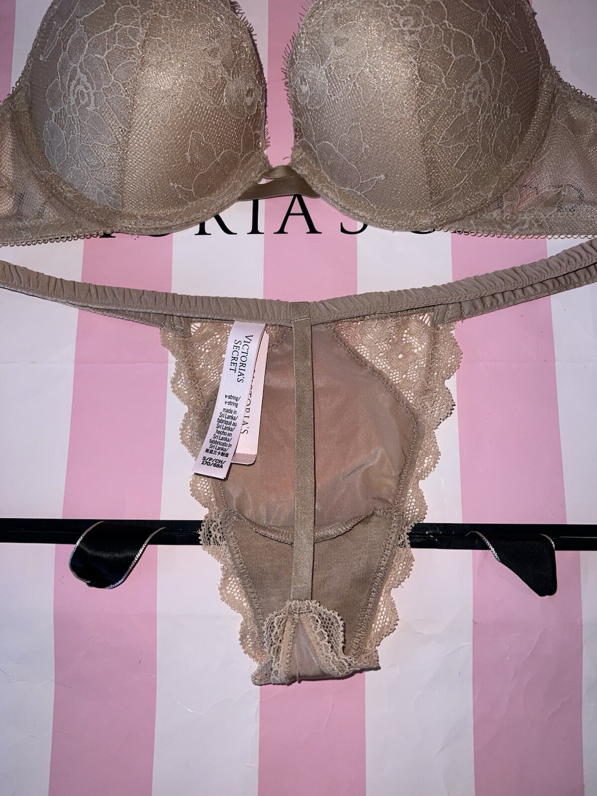 Victoria’s Secret Push-Up Bra Lace 32B Small Thong Rare Color Beige
