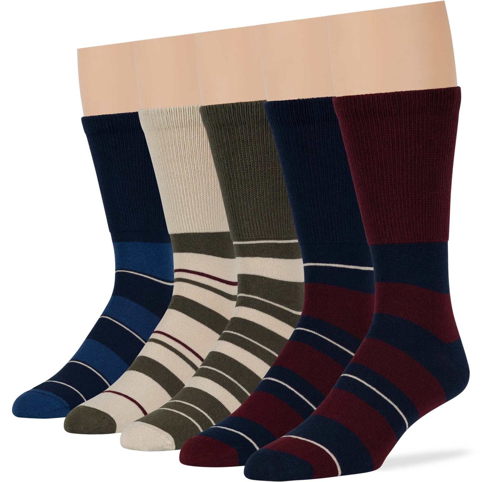 Men Cotton Diabetic Seamless Crew Socks L-XL 5 Pack Brown Blue Beige Navy Khaki