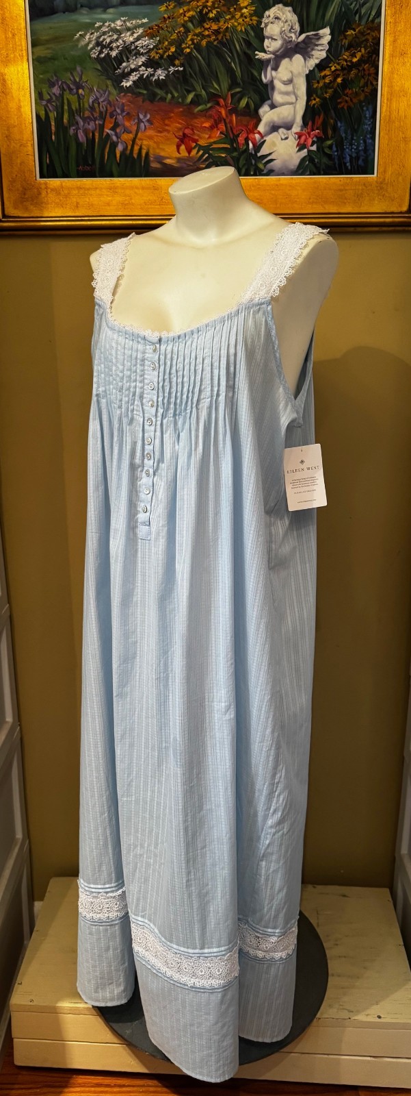 EILEEN WEST E5520079 BLUE DOBBY STRIPE SLEEVELESS COTTON WOVEN NIGHTGOWN MEDIUM