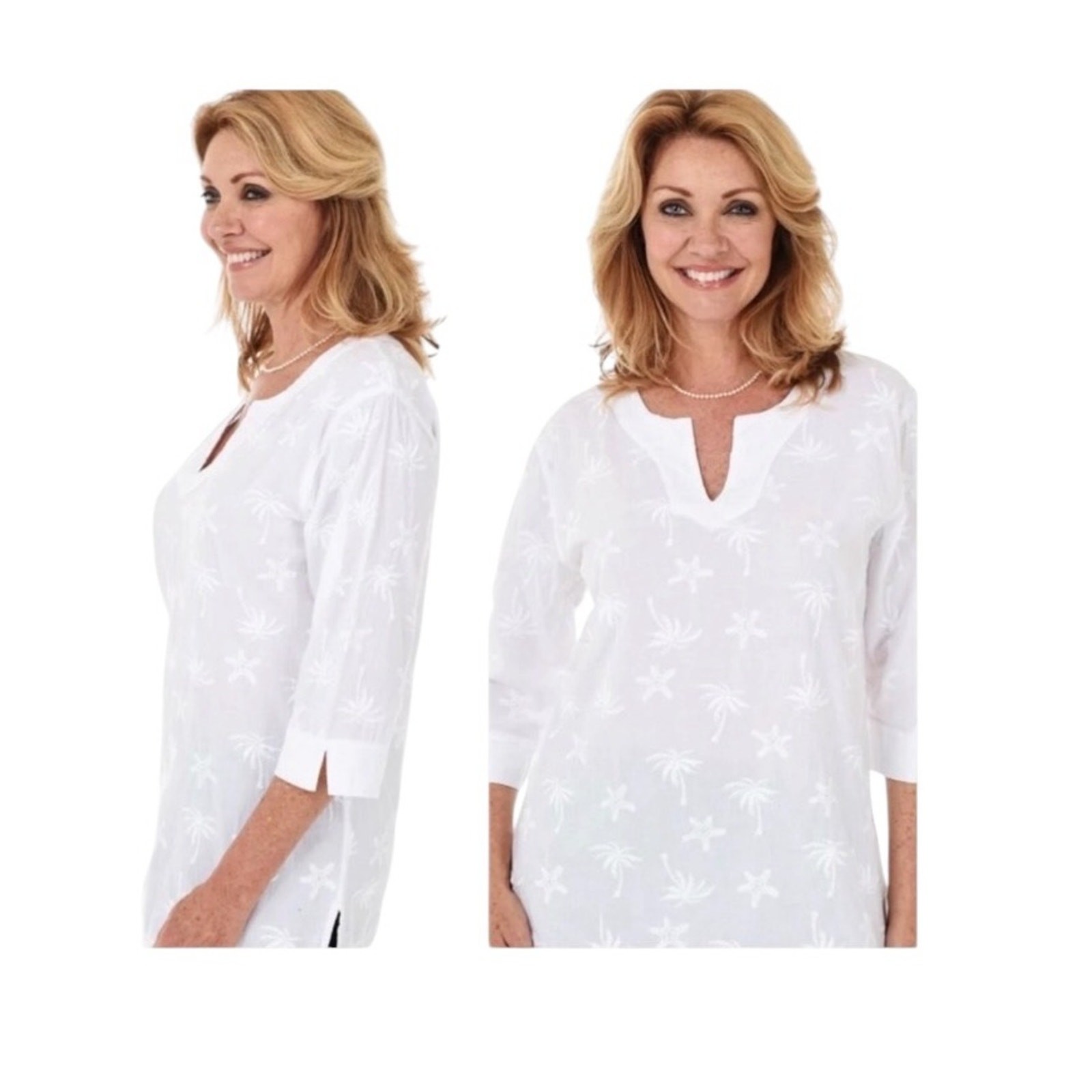 Sea Breeze White Embroidered Tunic Top Size M Palm Trees Starfish Resortwear