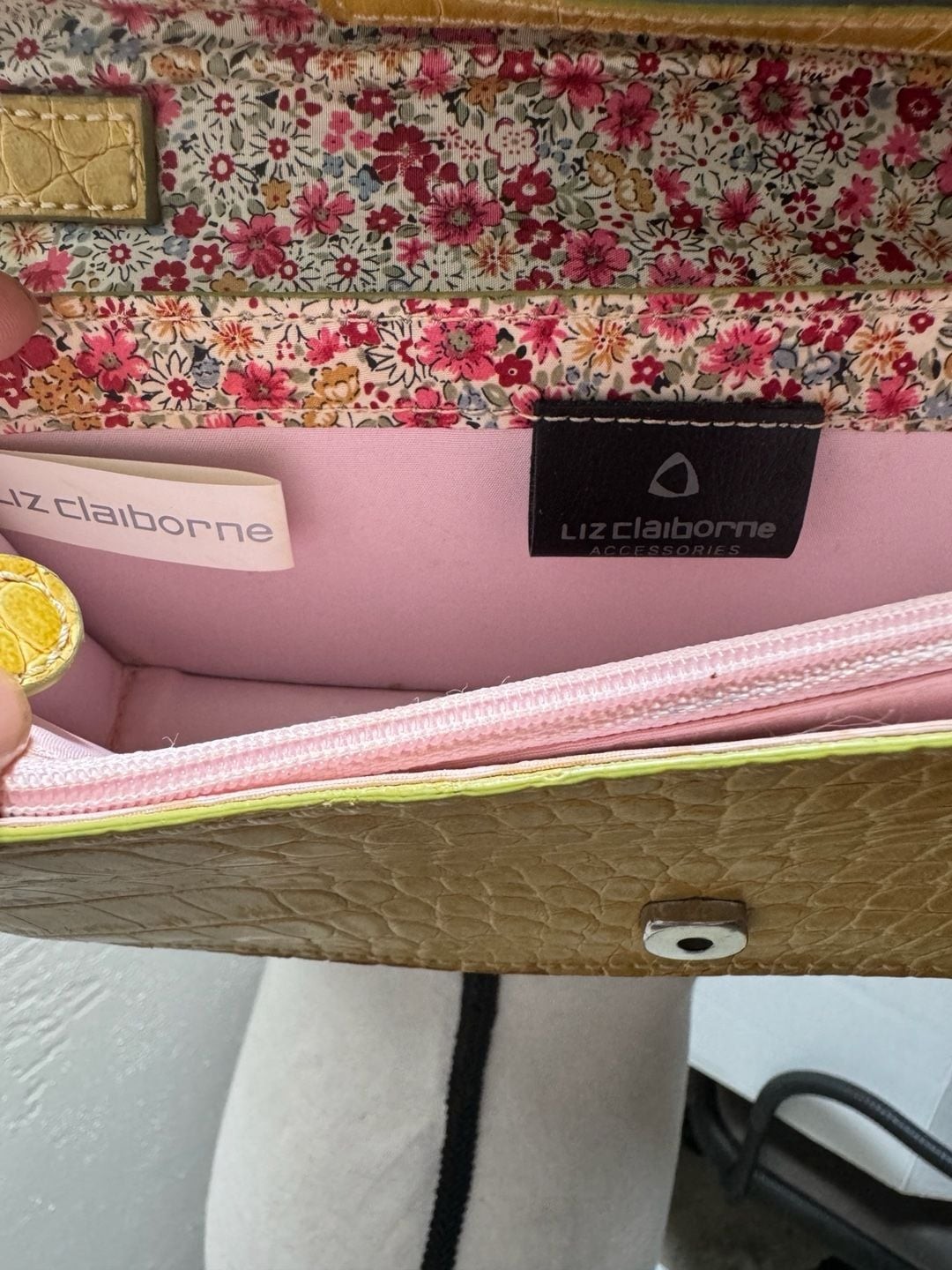 Liz Claiborne Accessories Yellow Faux Croc Embossed Shoulder Bag with Floral Int