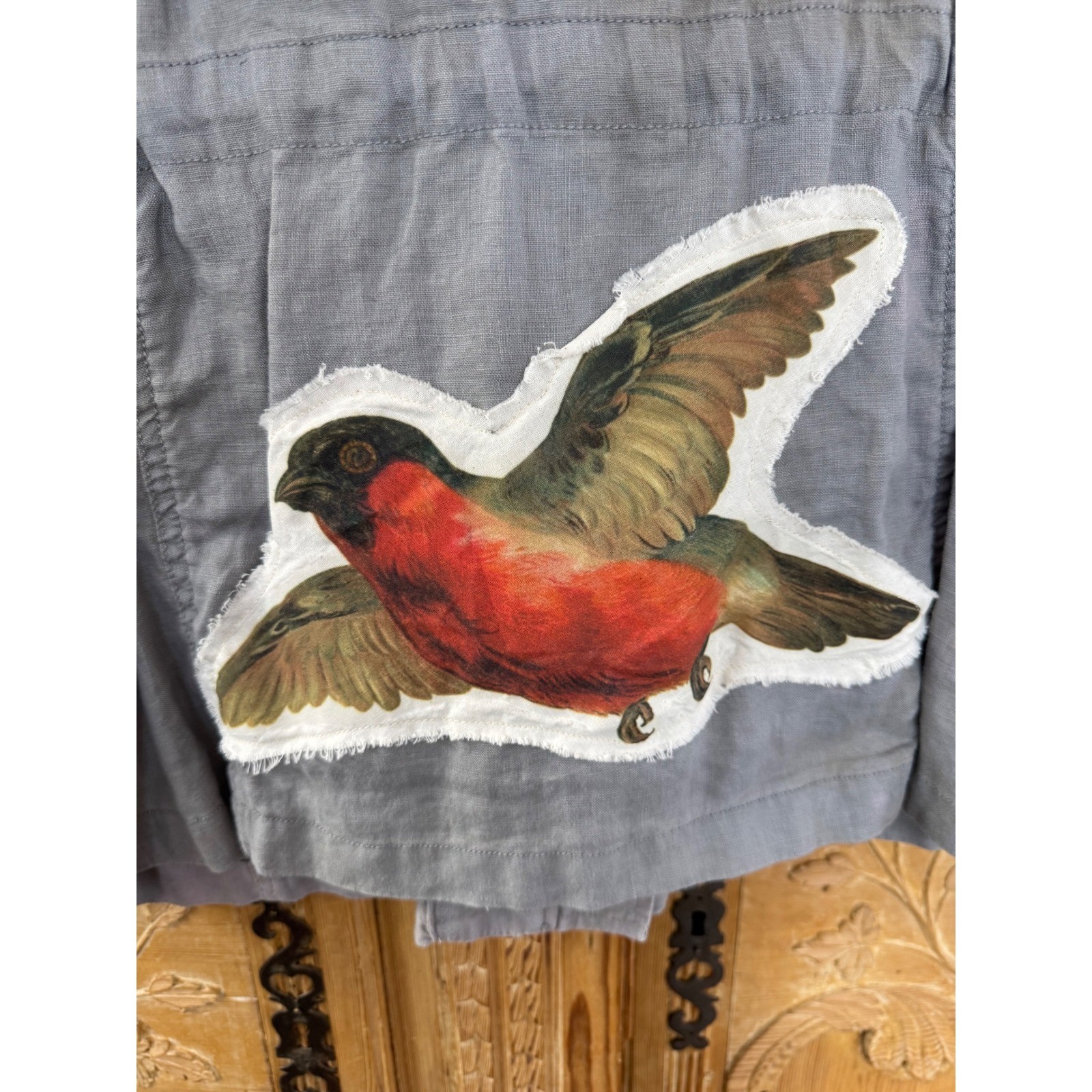 100% Linen Utility Jacket Size L – Drawstring Waist Bird Patch One of a Kind