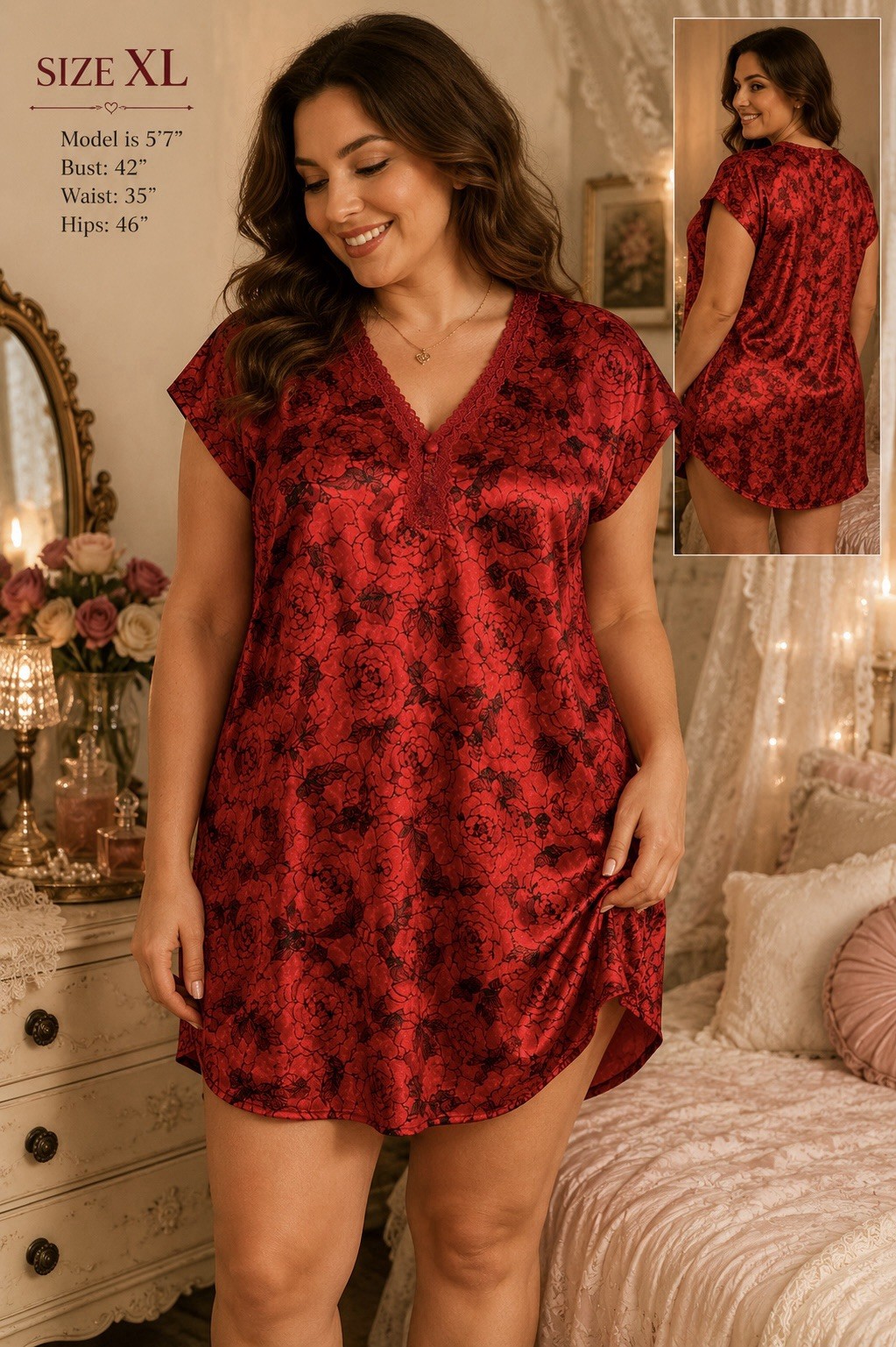 Delicates Soft Slinky Satin Sleep Shirt Nightgown Sexy XL XXL Vamp Romantic Plus