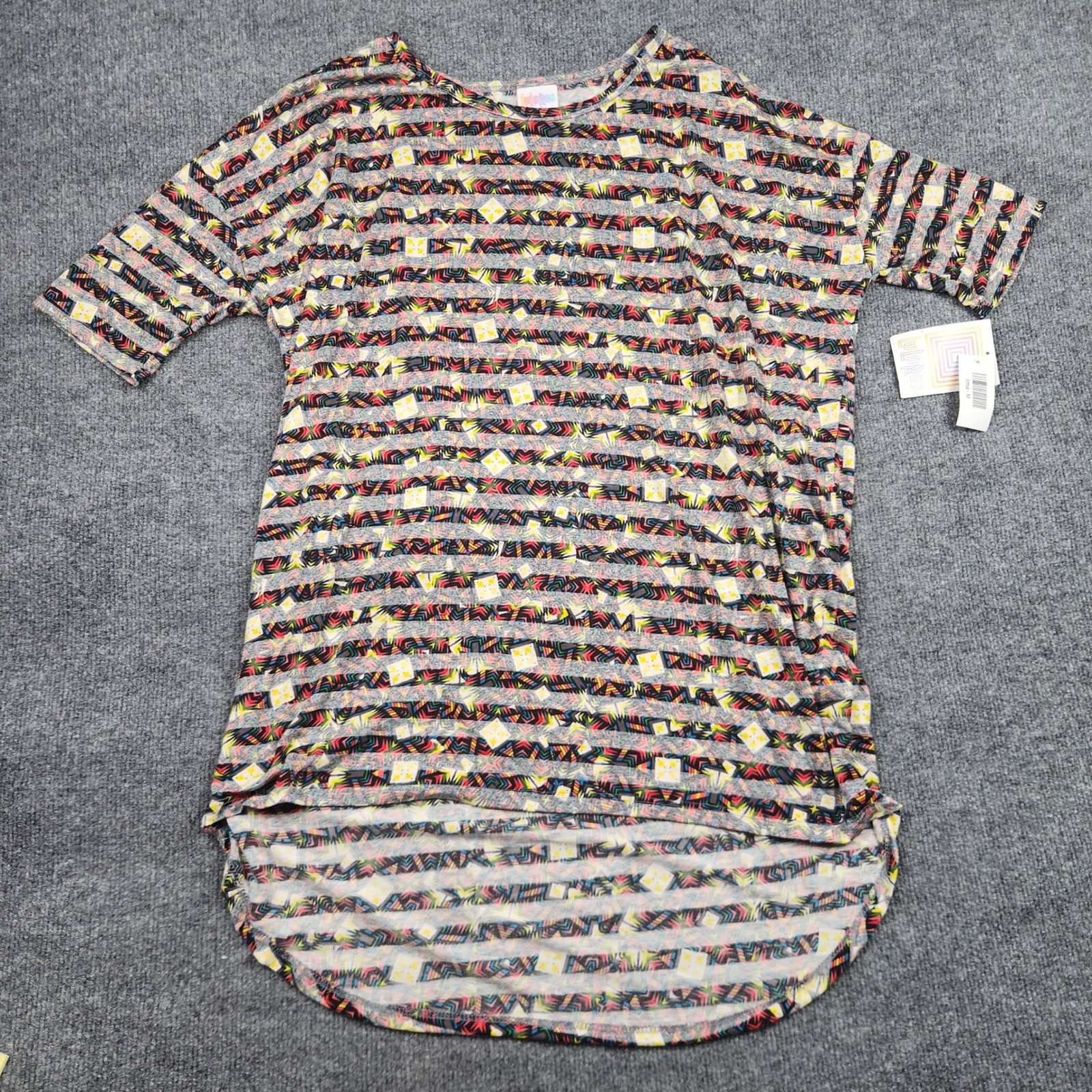 LuLaRoe Irma Tunic Top Womens Medium Multicolor Geometric Stripe High Low NEW