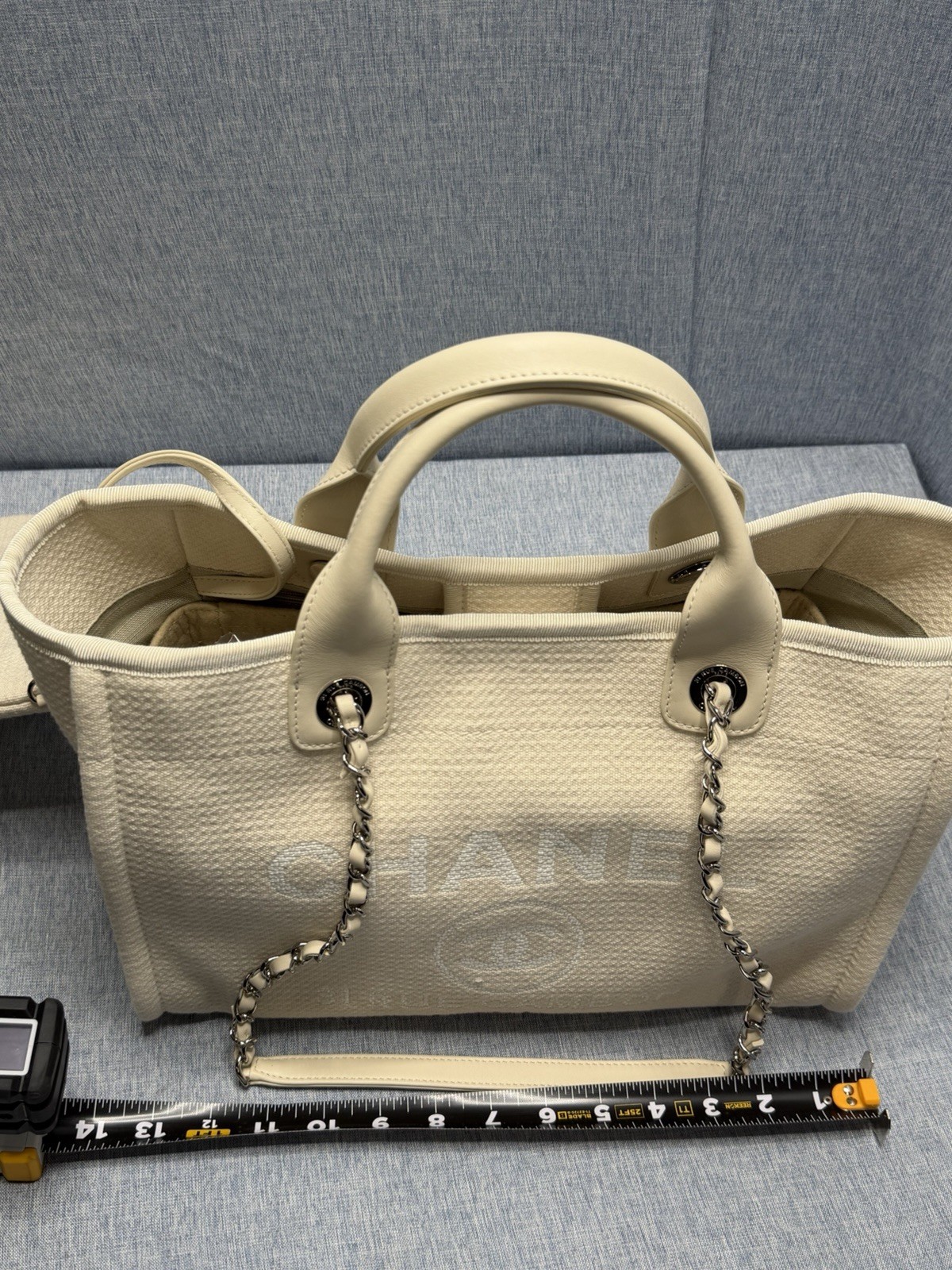 Chanel Deauville MM Tote Bag With Pouch Chain Tweed Material White