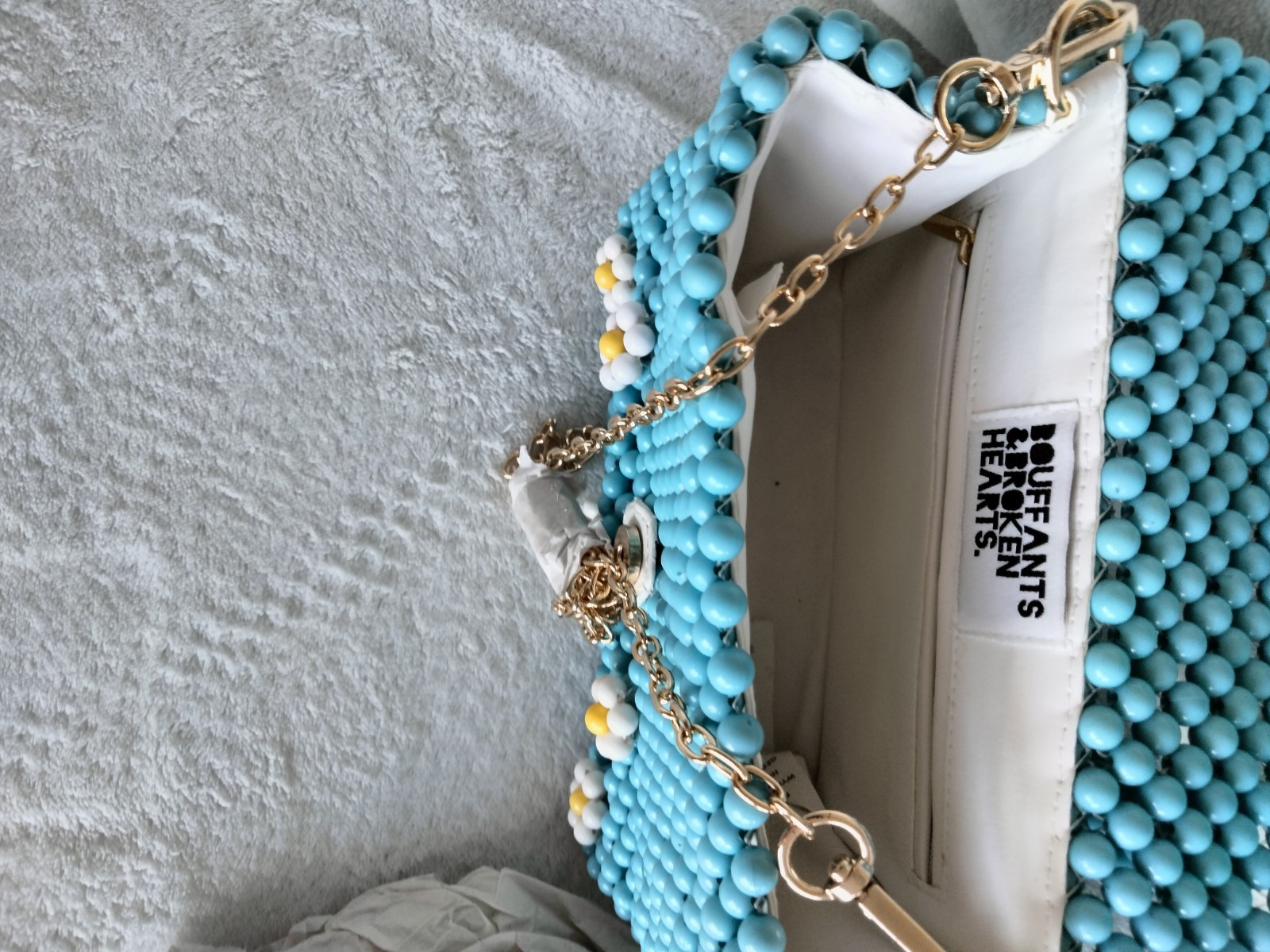 Beaded Blue Top Handle Bag Floral Daisy Detail Gold Chain Strap Button Closure