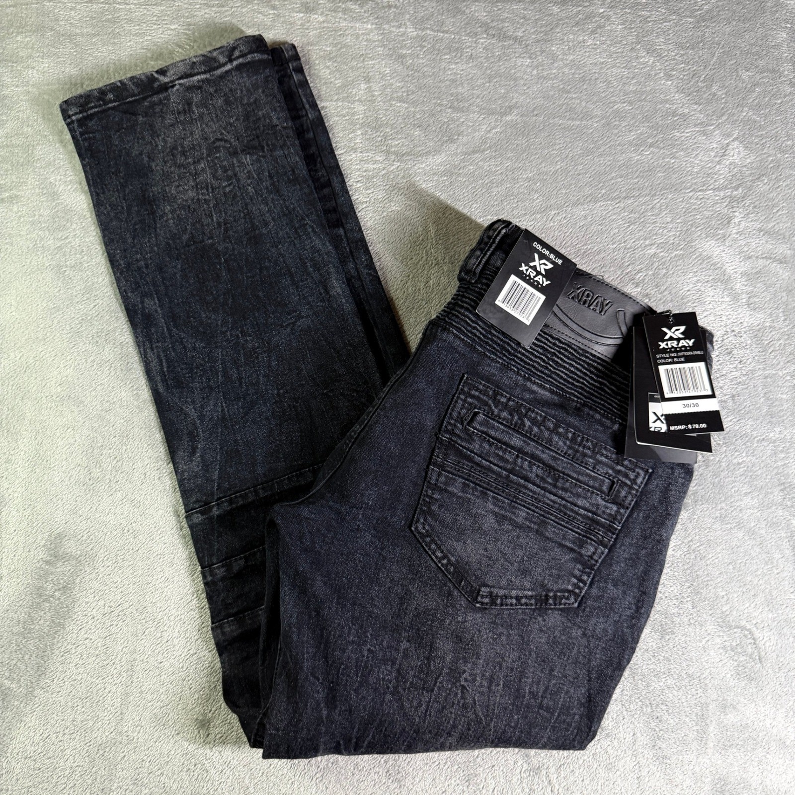 X-RAY Mens Moto Biker Jeans 30×30 Dark Blue Acid Wash Ribbed Knee NWT