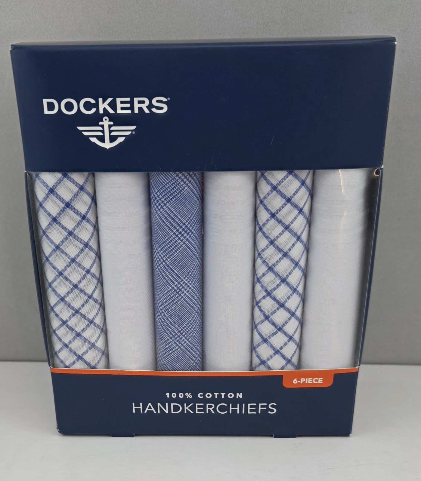 DOCKERS Signature Handkerchief 6 Piece Box Set 100% Cotton Blue White Gift