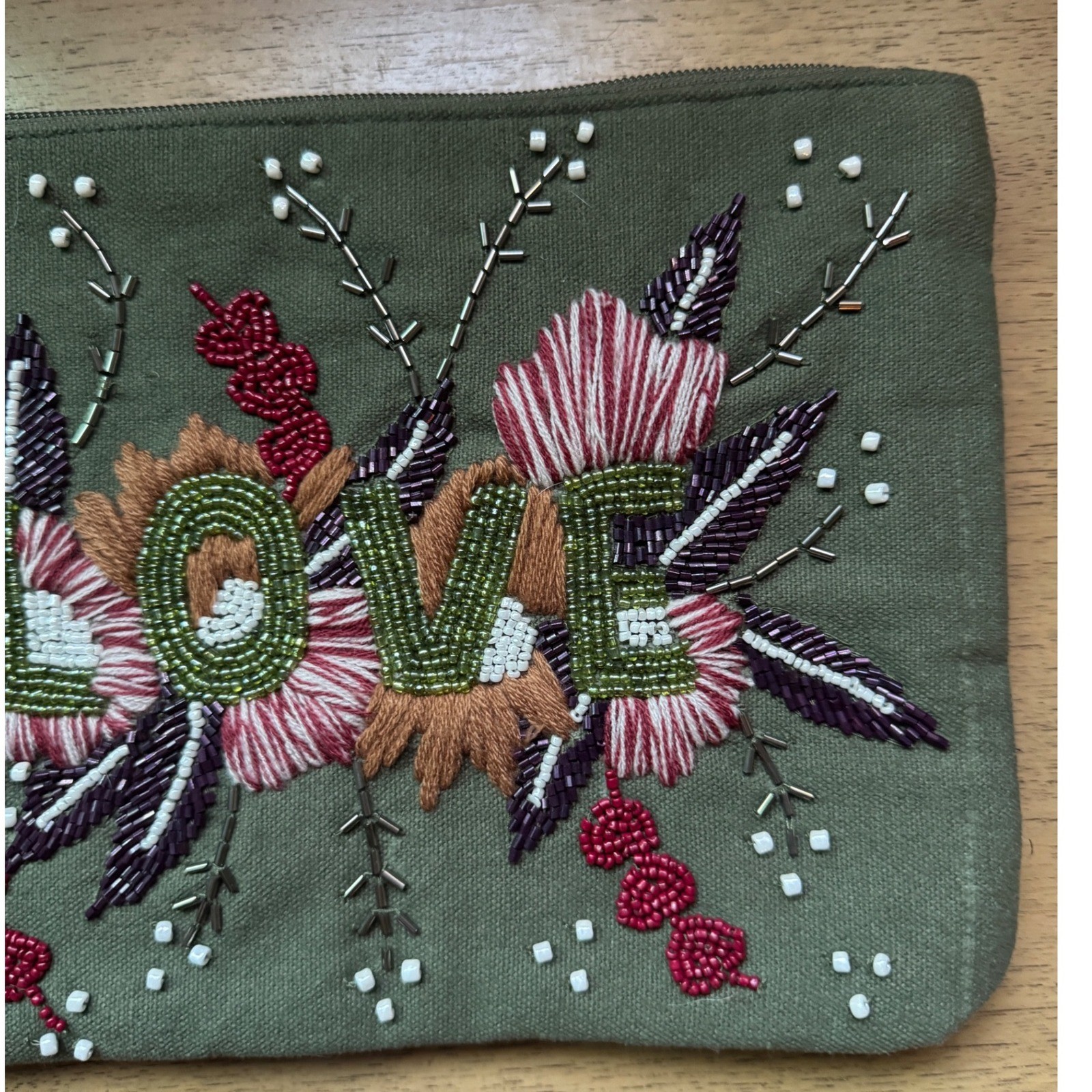 America & Beyond Love Beaded Floral Wristlet Clutch Bag Olive Green Canvas NEW