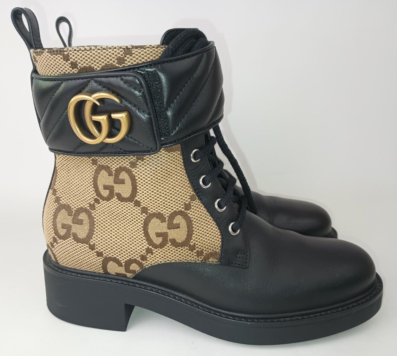 Gucci Women’s Beige Ebony Black Jumbo GG Canvas Leather Logo Boots Size 37.5