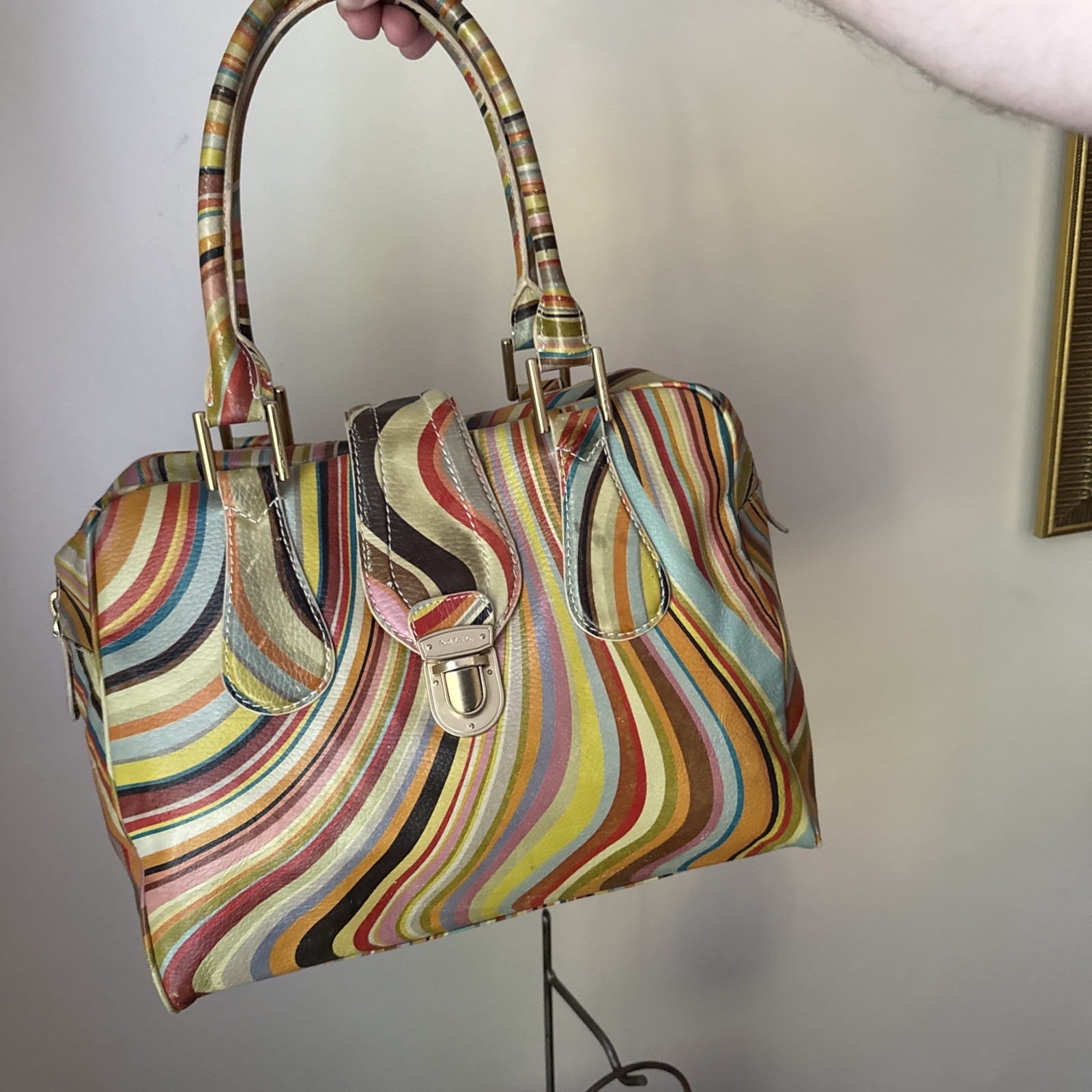 Paul Smith Classic Multicolour Swirl Leather Push Lock Shoulder Bowler Handbag