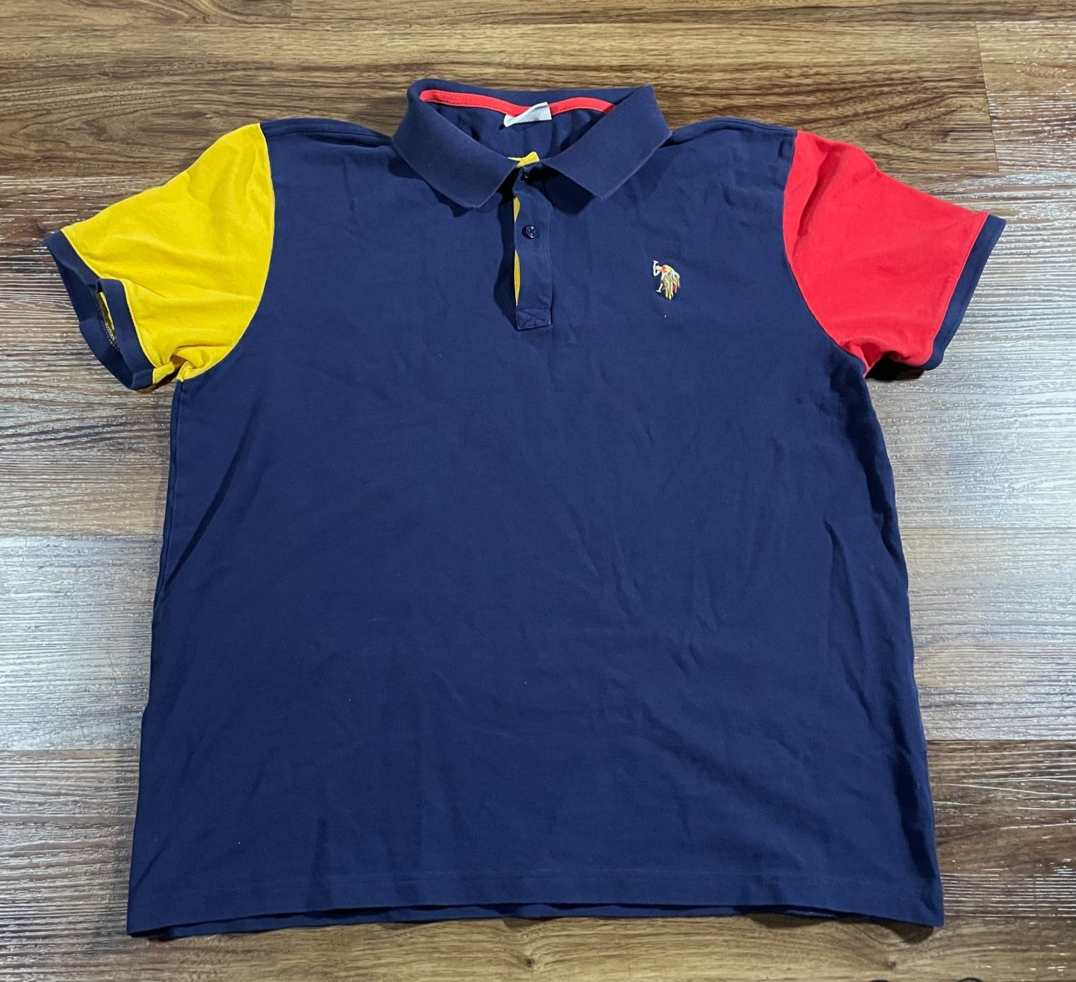 US Polo Assn Polo Shirt Mens XL Navy Yellow Red Colorblock USPA Logo Casual
