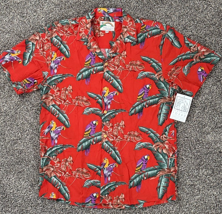 Paradise Found Hawaiian Shirt Large Red Parrot Rayon Aloha Made Hawaii